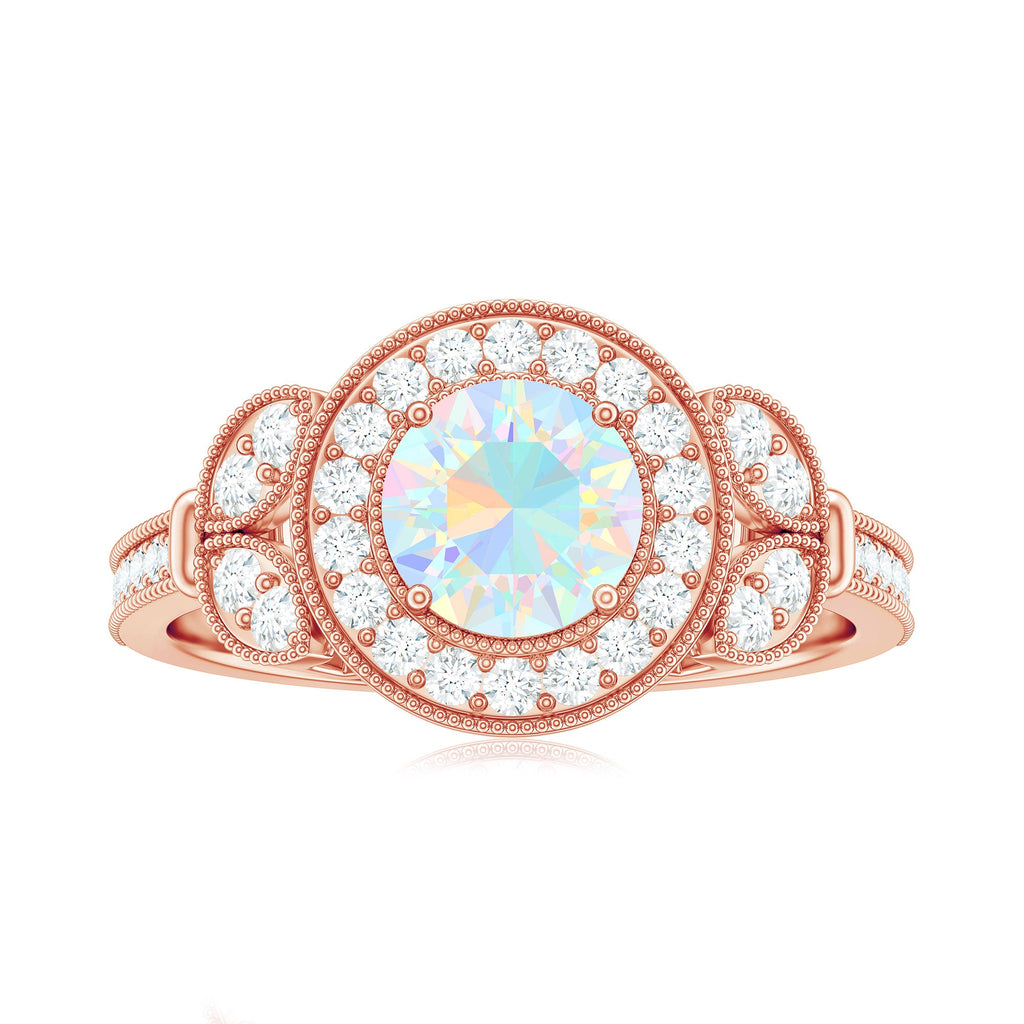 Vintage Inspired Ethiopian Rainbow Opal Engagement Ring with Diamond Halo