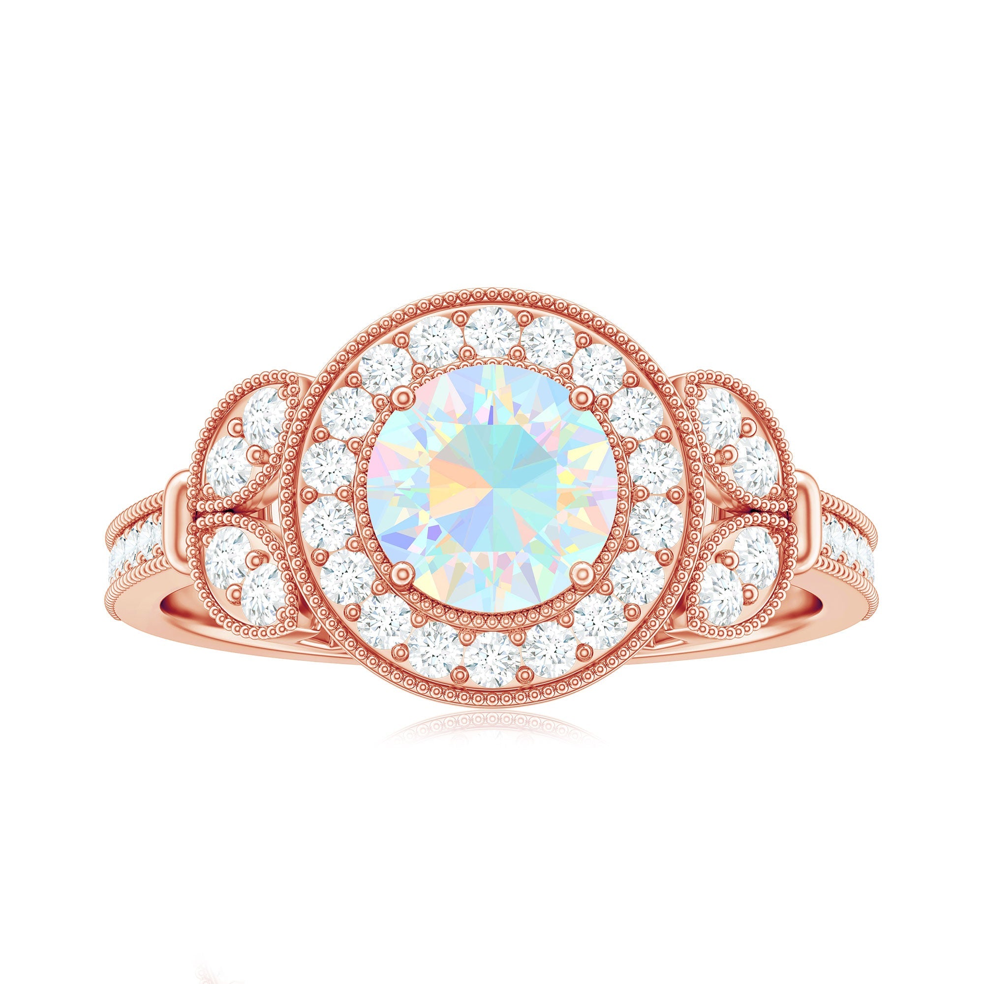 Vintage Inspired Ethiopian Rainbow Opal Engagement Ring with Diamond Halo