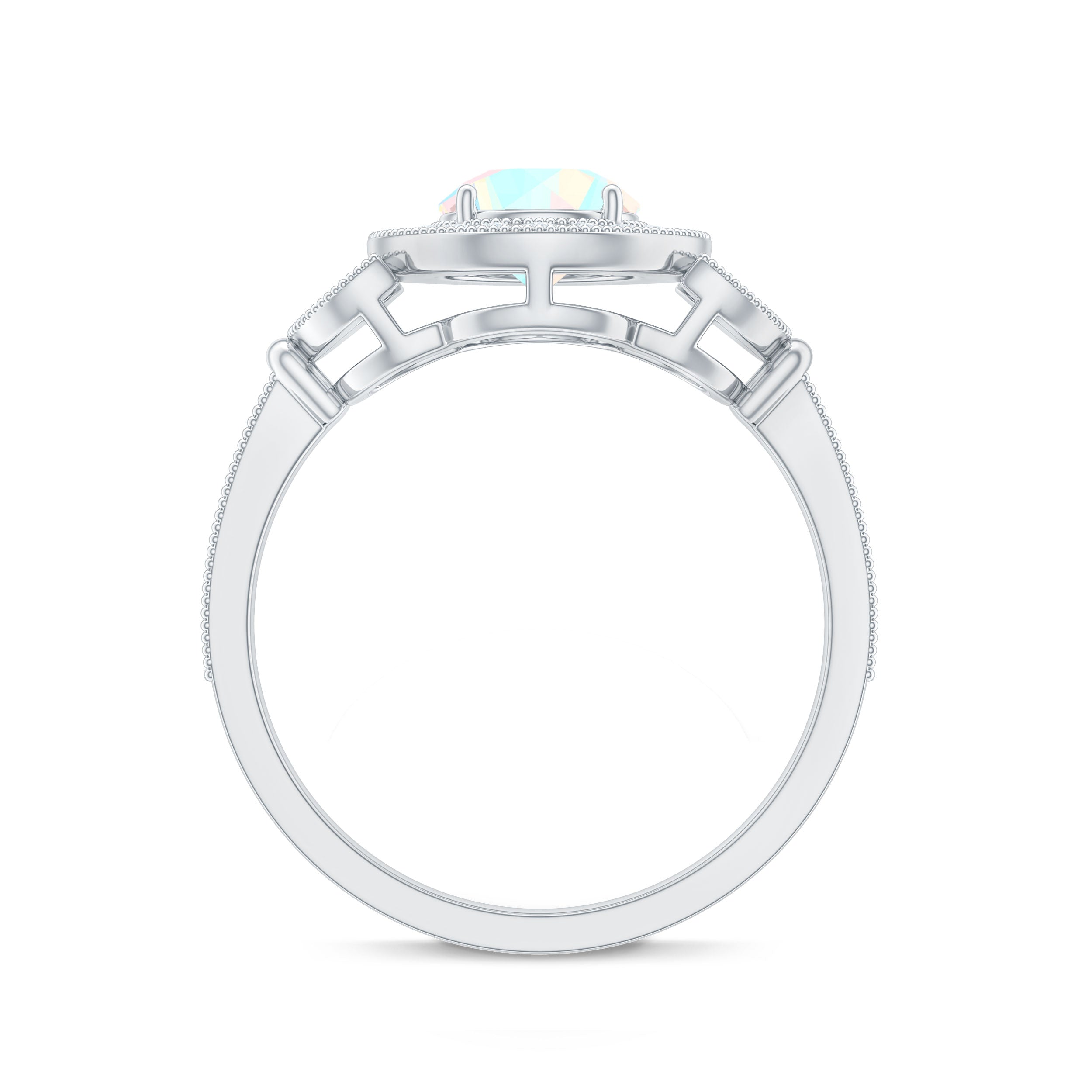Vintage Inspired Ethiopian Rainbow Opal Engagement Ring with Diamond Halo