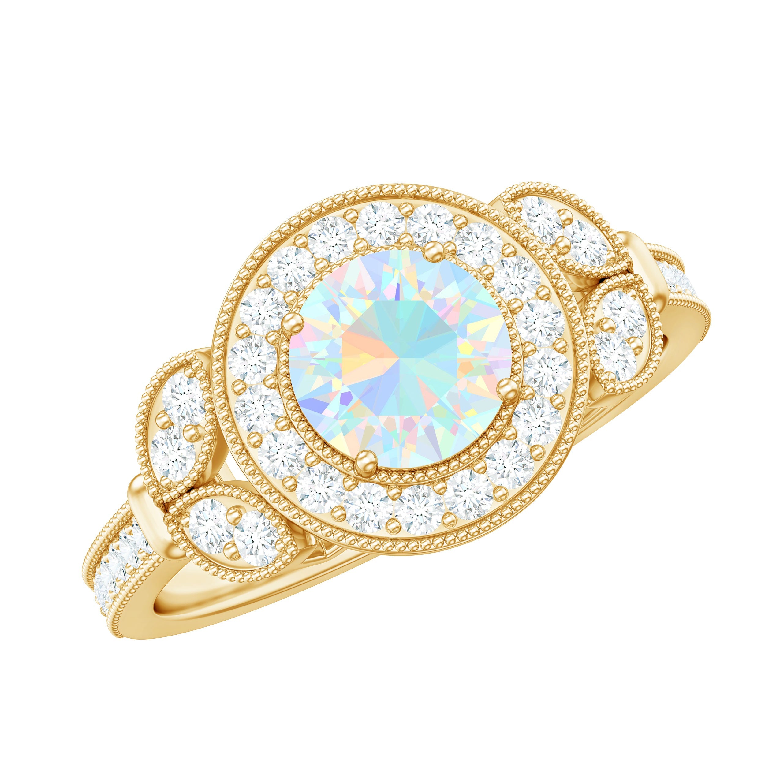 Vintage Inspired Ethiopian Rainbow Opal Engagement Ring with Diamond Halo | Rings | Wiccan Center