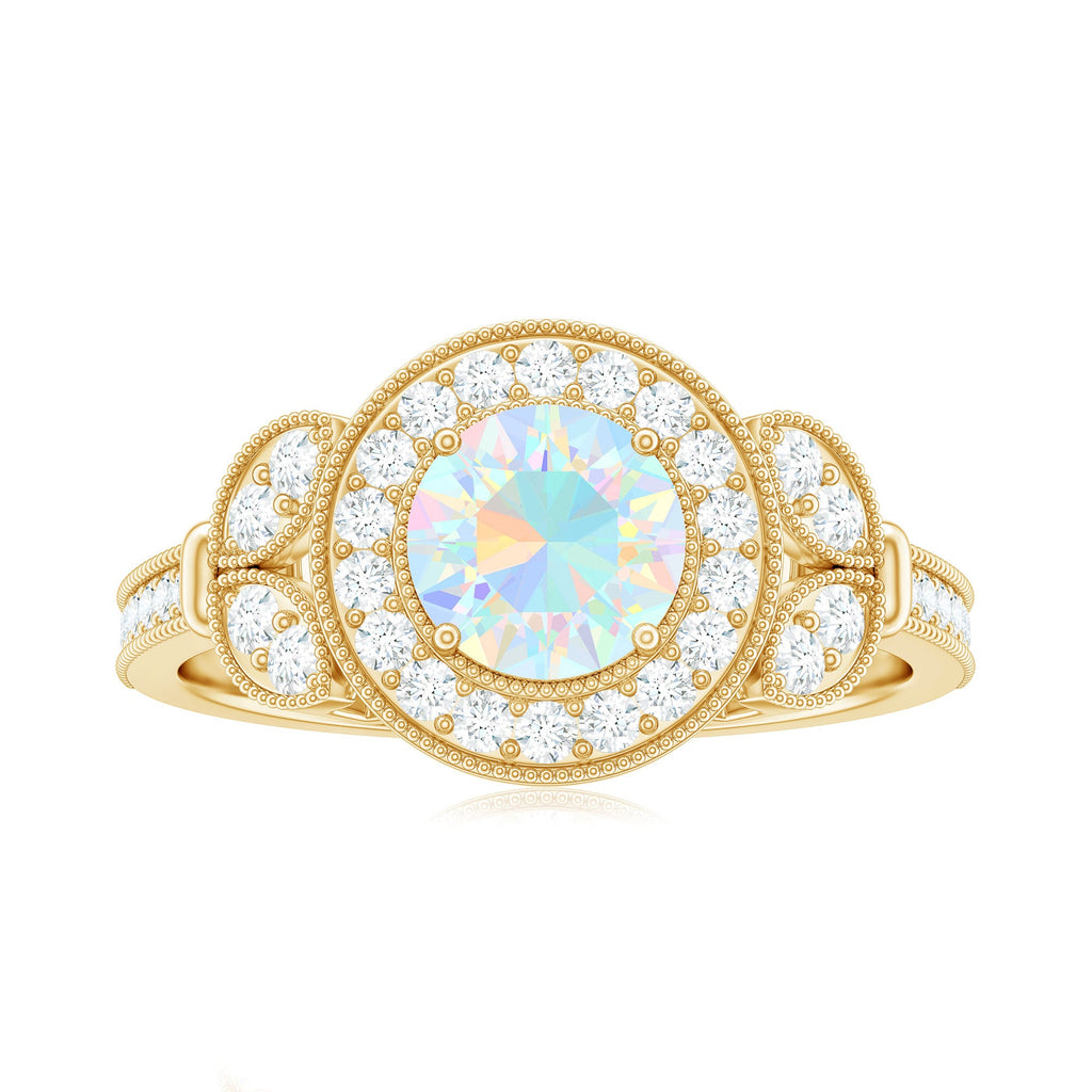 Vintage Inspired Ethiopian Rainbow Opal Engagement Ring with Diamond Halo