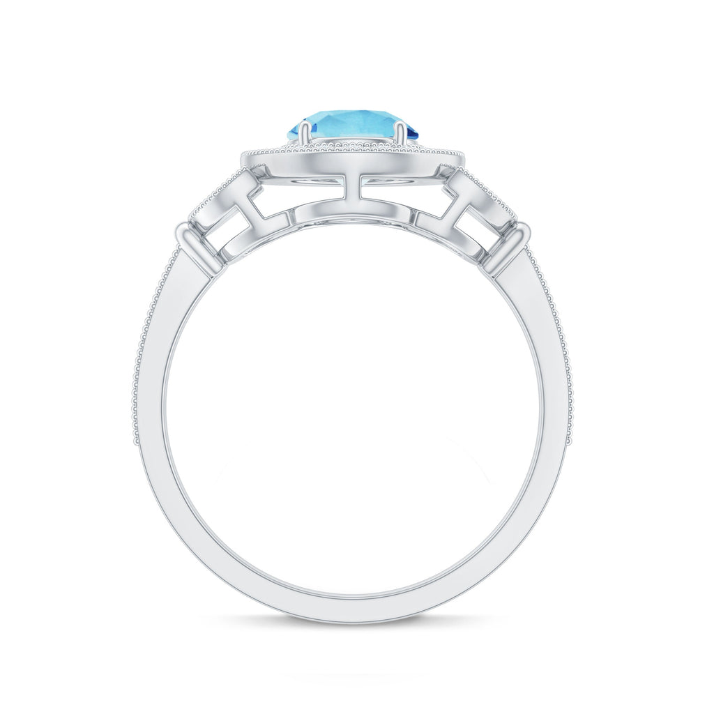 Vintage Inspired Real Aquamarine Engagement Ring with Diamond Halo