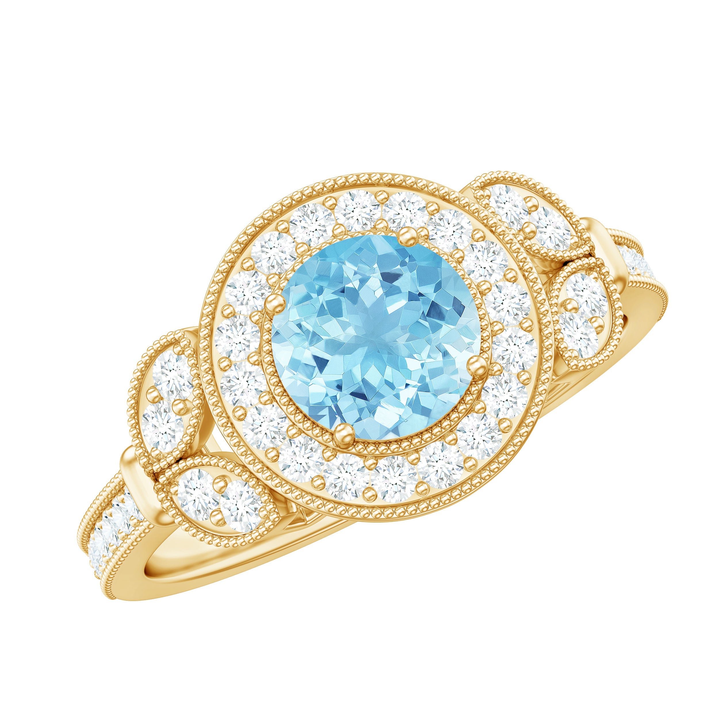 Vintage Inspired Real Aquamarine Engagement Ring with Diamond Halo | Rings | Wiccan Center