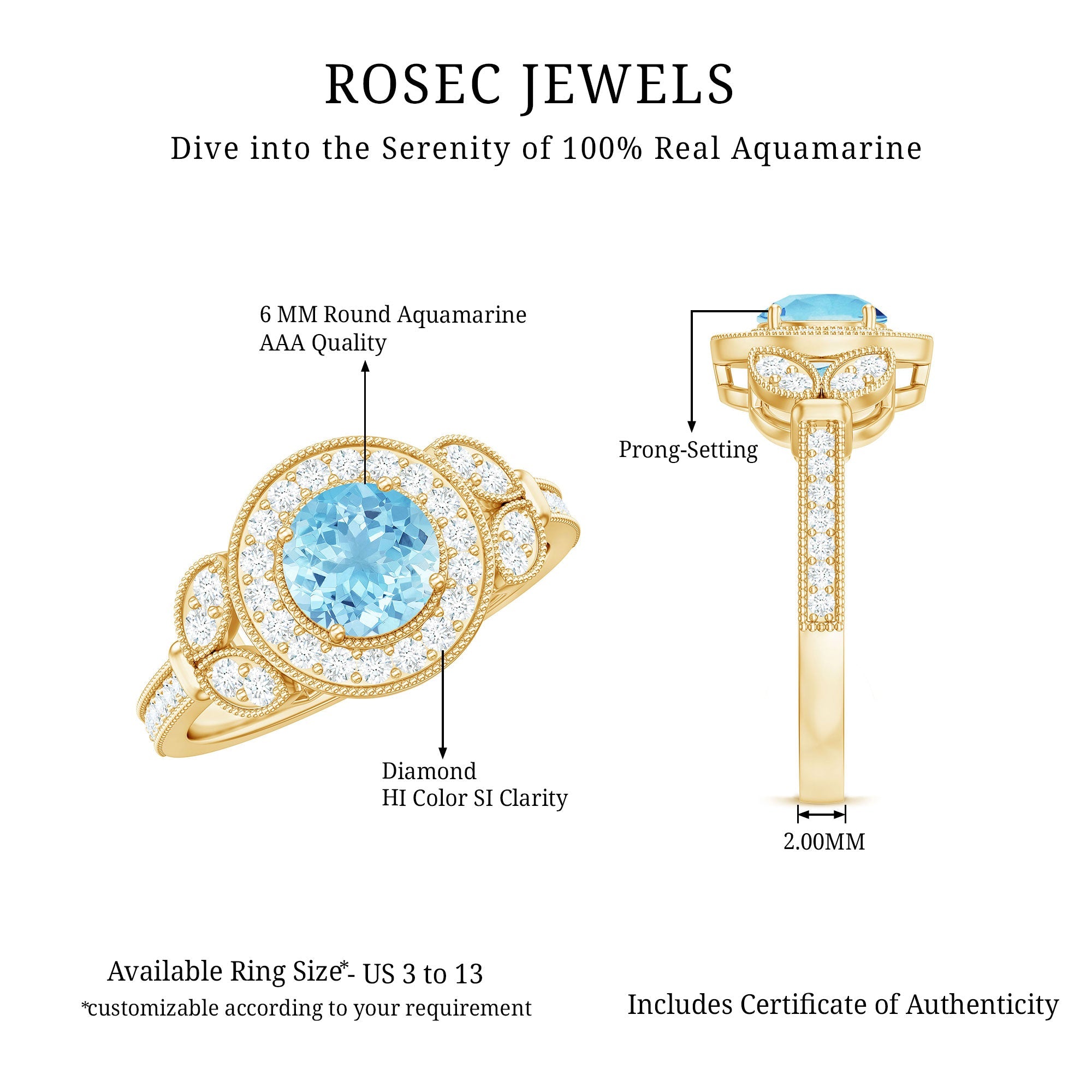 Vintage Inspired Real Aquamarine Engagement Ring with Diamond Halo