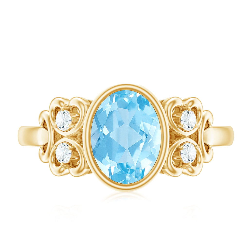 Natural 1 Carat Oval Aquamarine Statement Engagement Ring with Diamond