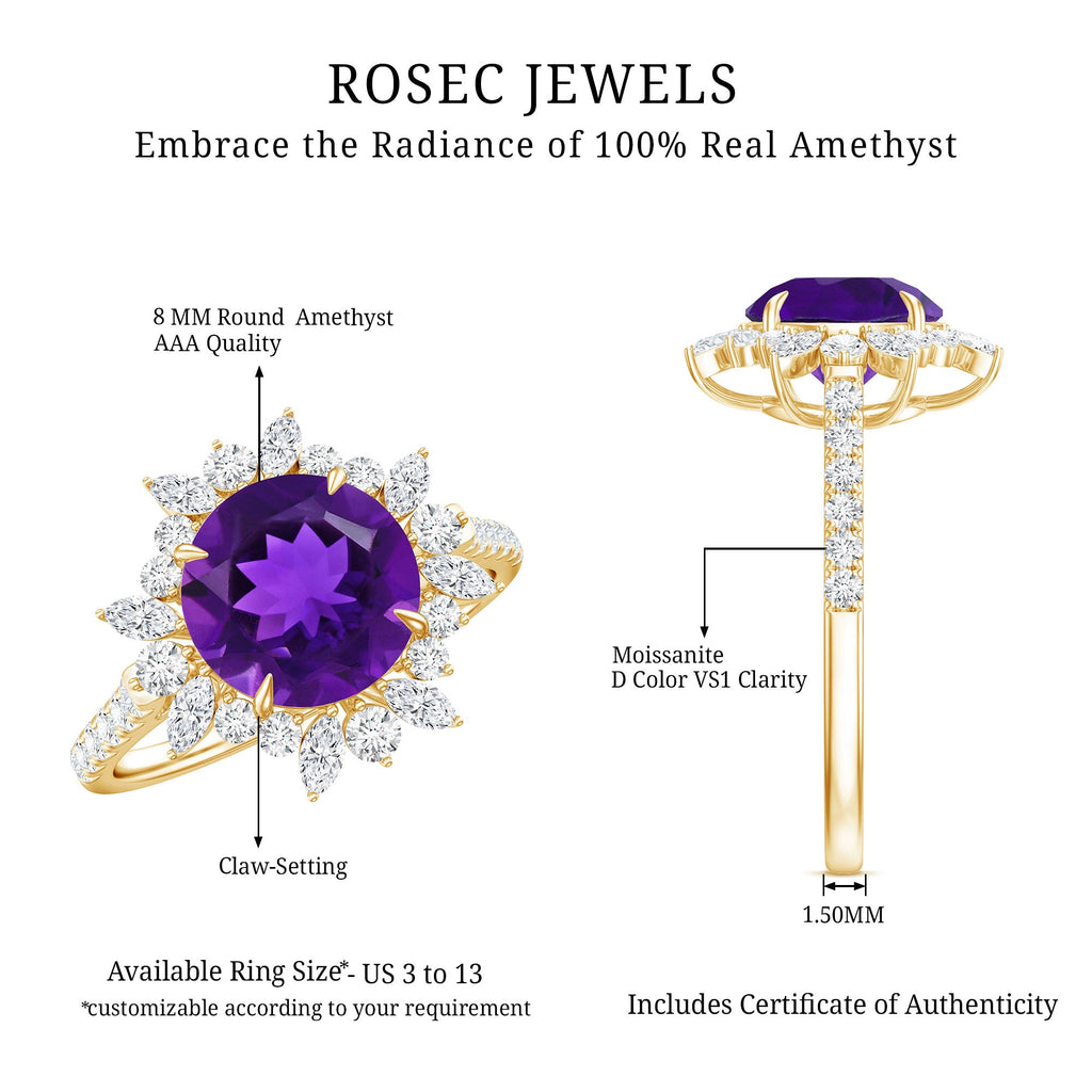 Natural 2 Carat Amethyst Statement Engagement Ring with Moissanite Halo