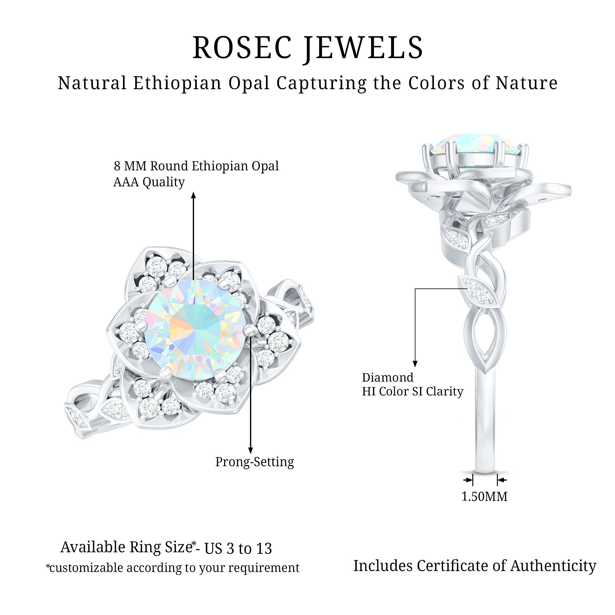 2 Carat Natural Ethiopian Opal Flower Engagement Ring with Diamond