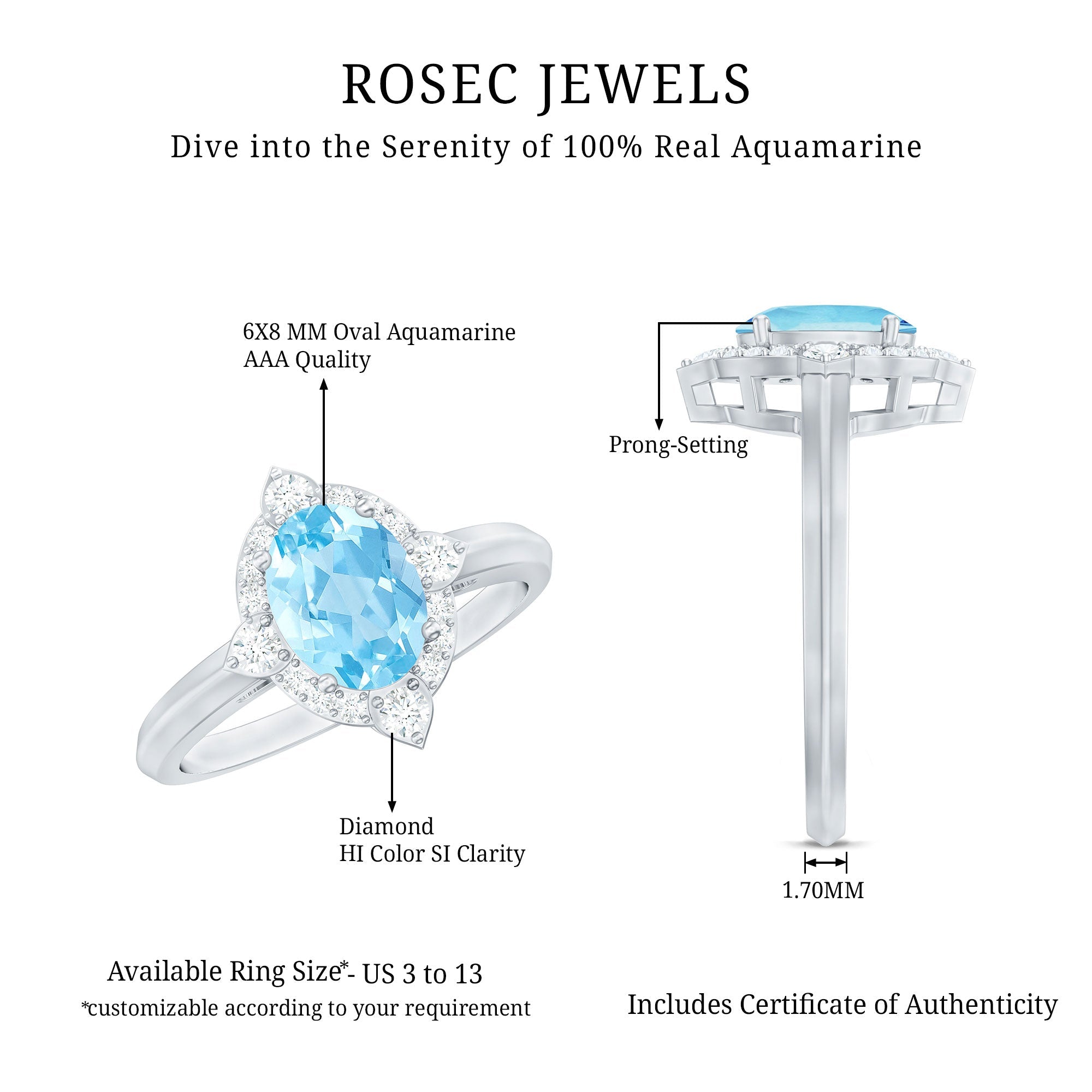 1 Carat Oval Engagement Ring with Real Aquamarine and Diamond