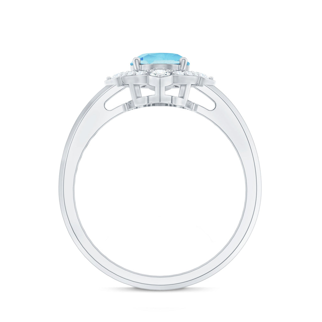 1 Carat Oval Engagement Ring with Real Aquamarine and Diamond