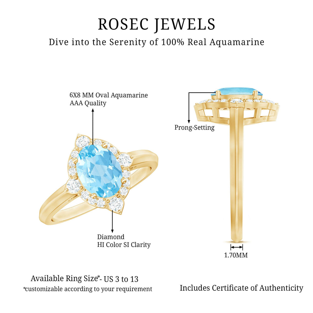 1 Carat Oval Engagement Ring with Real Aquamarine and Diamond