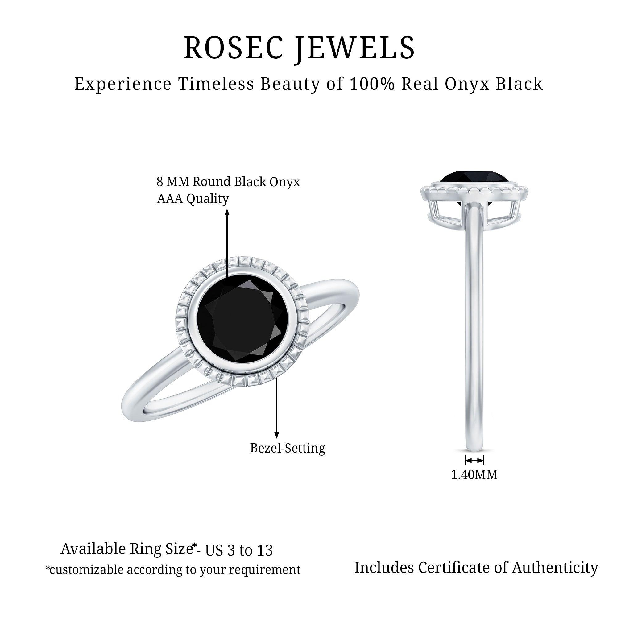 2 Carat Round Shape Black Onyx Solitaire Ring in Bezel Setting