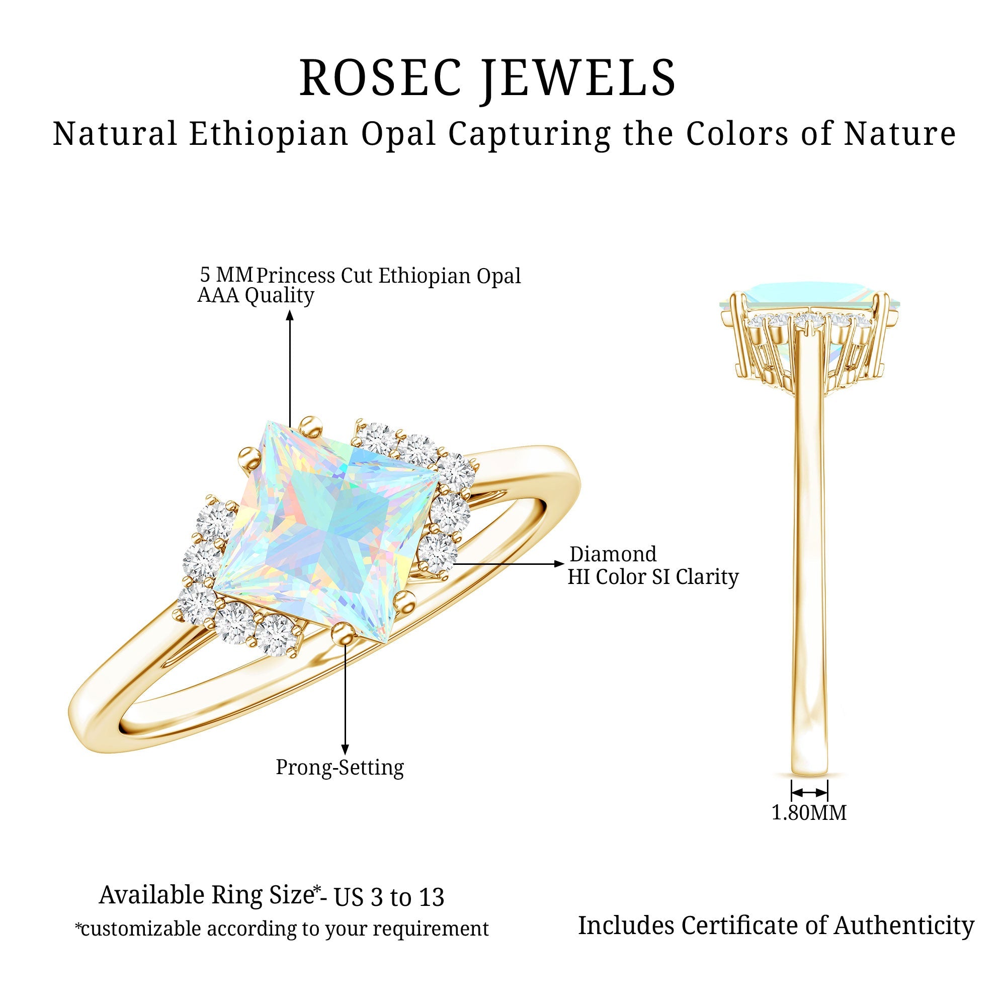 Natural Ethiopian Opal Princess Cut Engagement Ring with Diamond