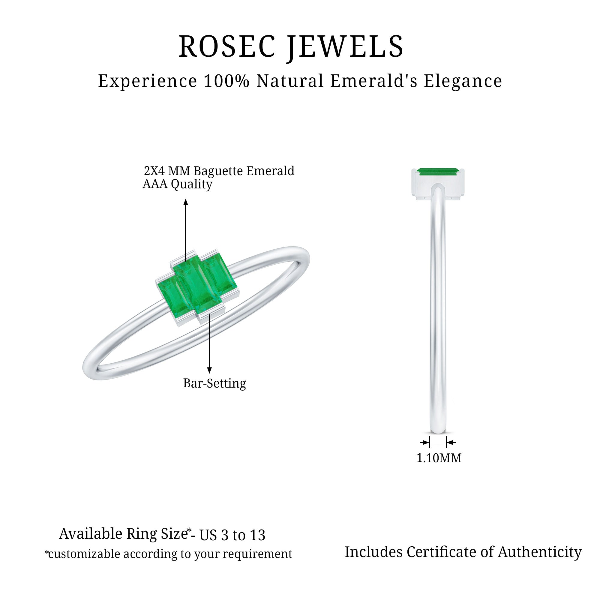 Baguette Cut Natural Emerald Three Stone Ring