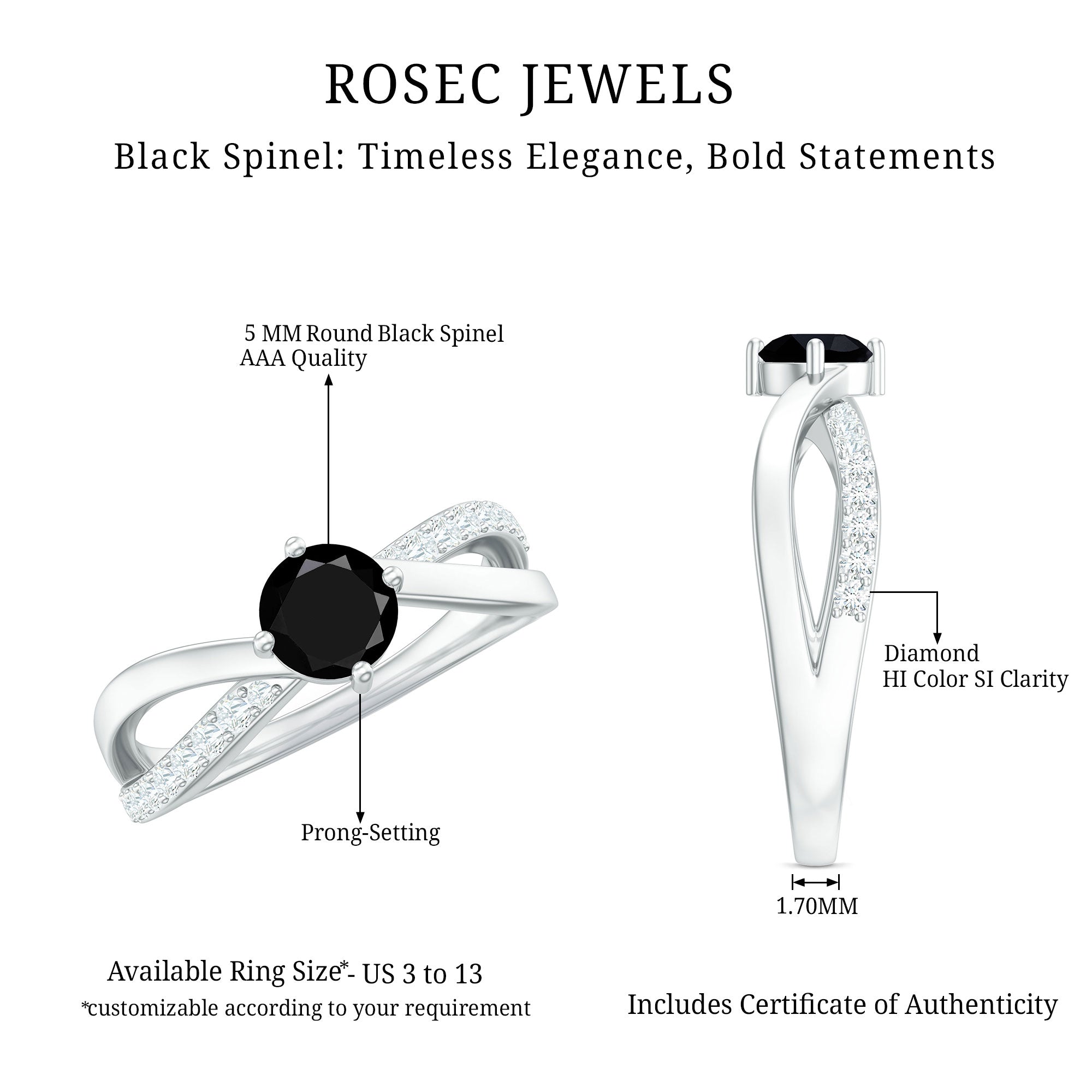 Certified Real Black Spinel Promise Ring with Diamond