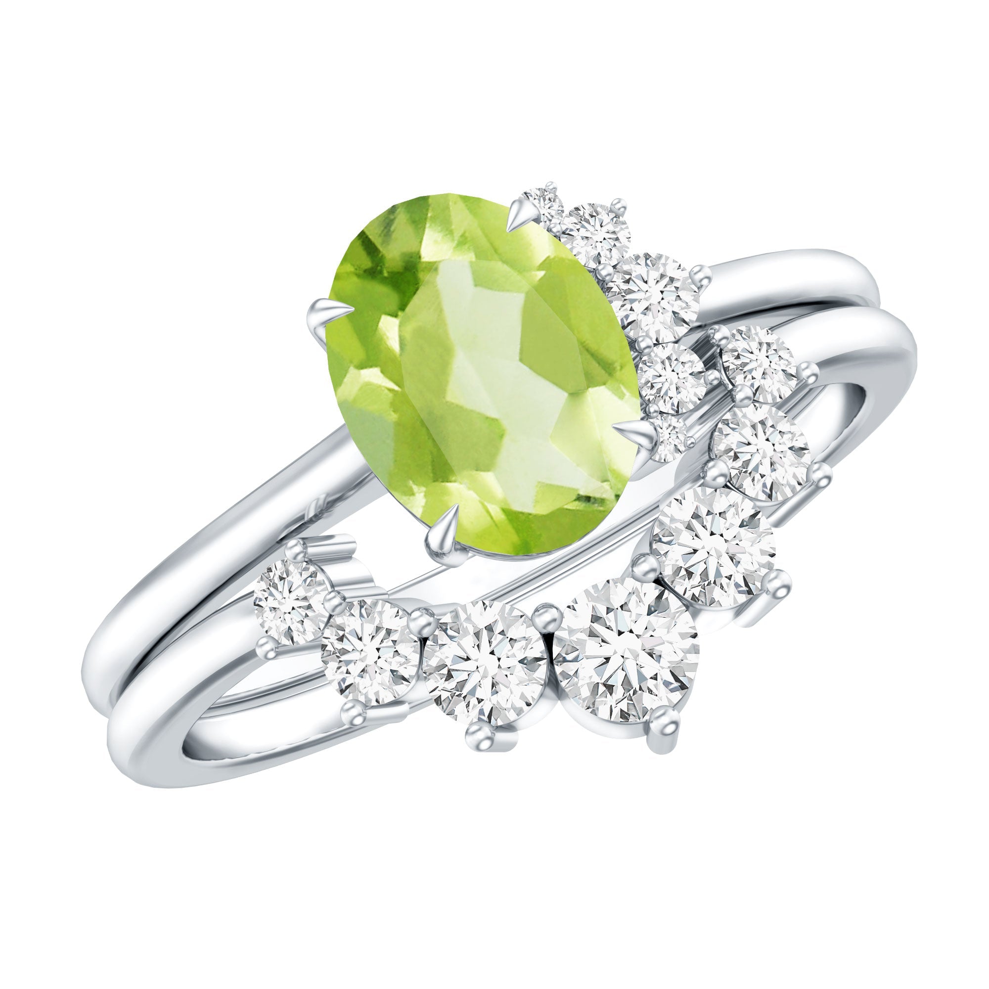 Real 1 Carat Oval Peridot Engagement Ring with Diamond Wedding Band