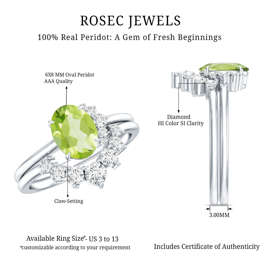 Real 1 Carat Oval Peridot Engagement Ring with Diamond Wedding Band