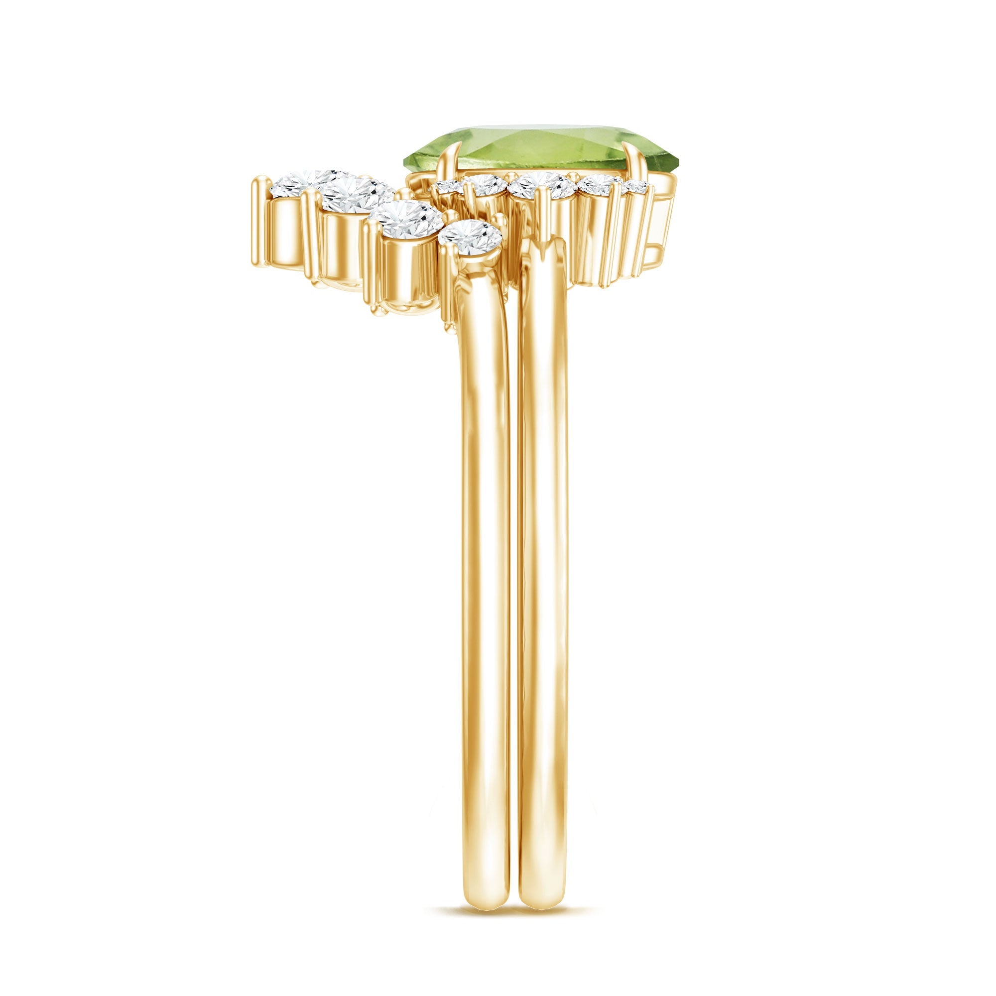 Real 1 Carat Oval Peridot Engagement Ring with Diamond Wedding Band