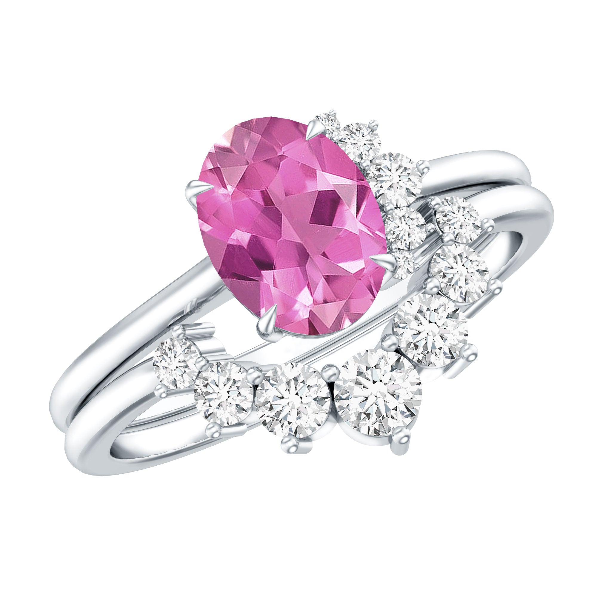 1 Carat Oval Pink Tourmaline and Diamond Wedding Ring Set