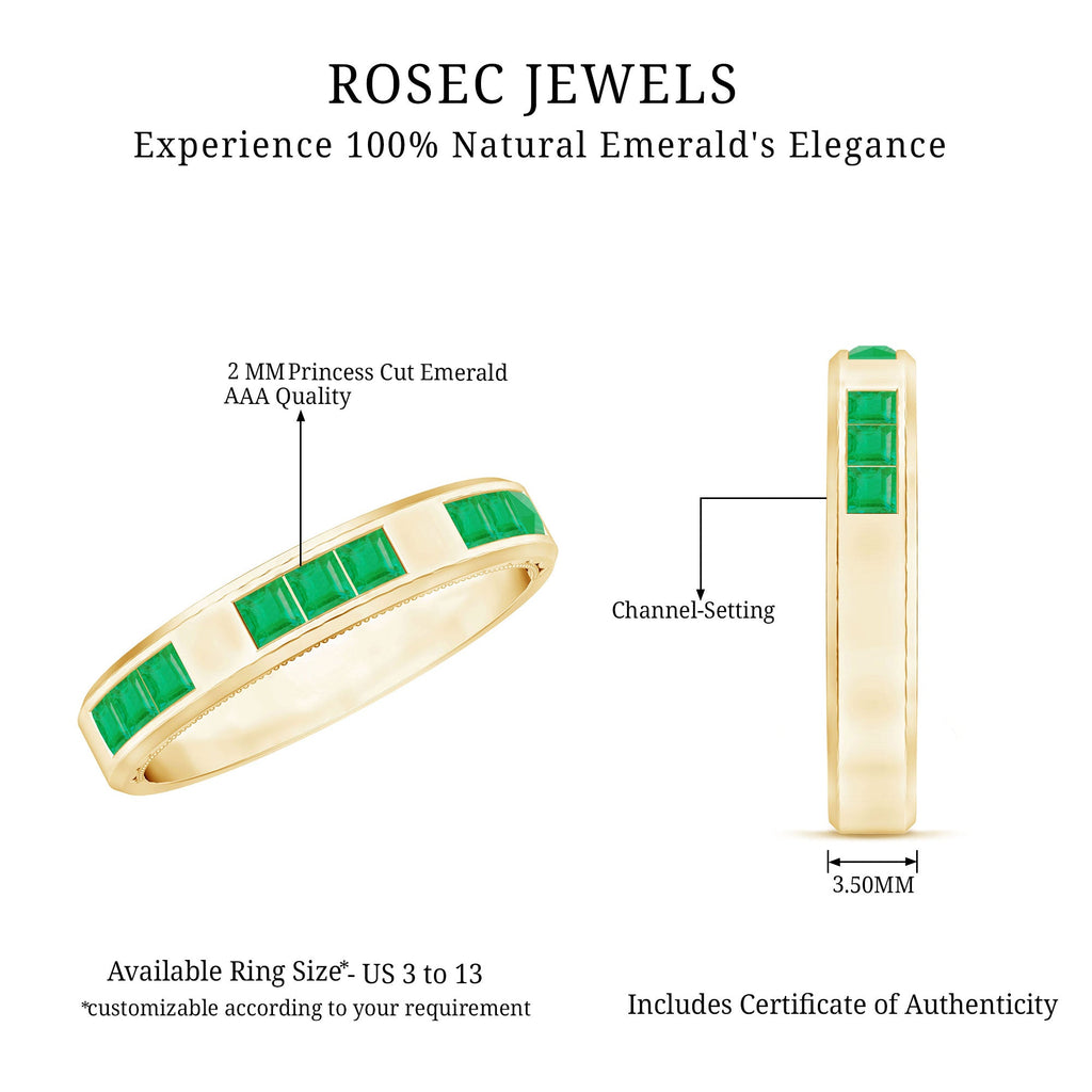 Princess Cut Emerald Mens Wedding Band in Channel Setting