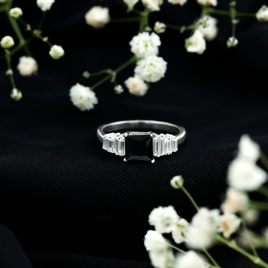 Asscher Cut Black Onyx Engagement Ring with Baguette Moissanite
