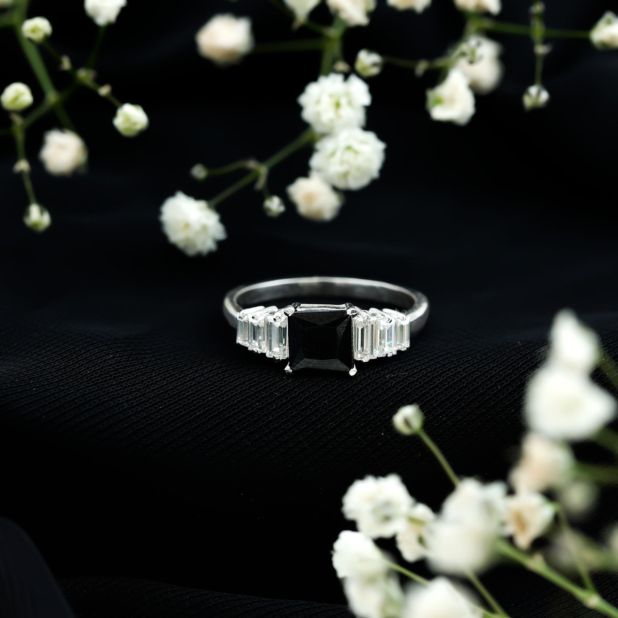Asscher Cut Black Onyx Engagement Ring with Baguette Moissanite