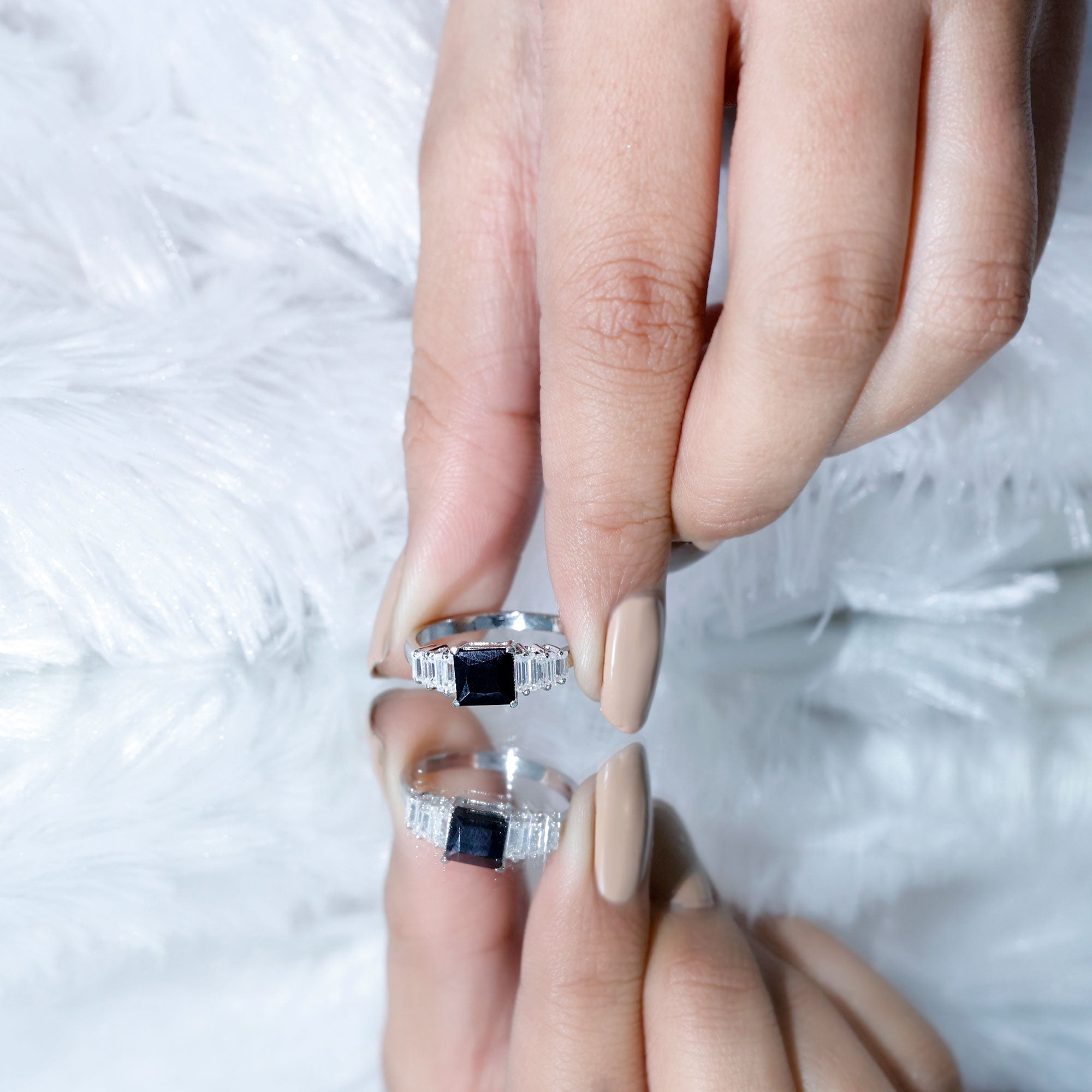 Asscher Cut Black Onyx Engagement Ring with Baguette Moissanite