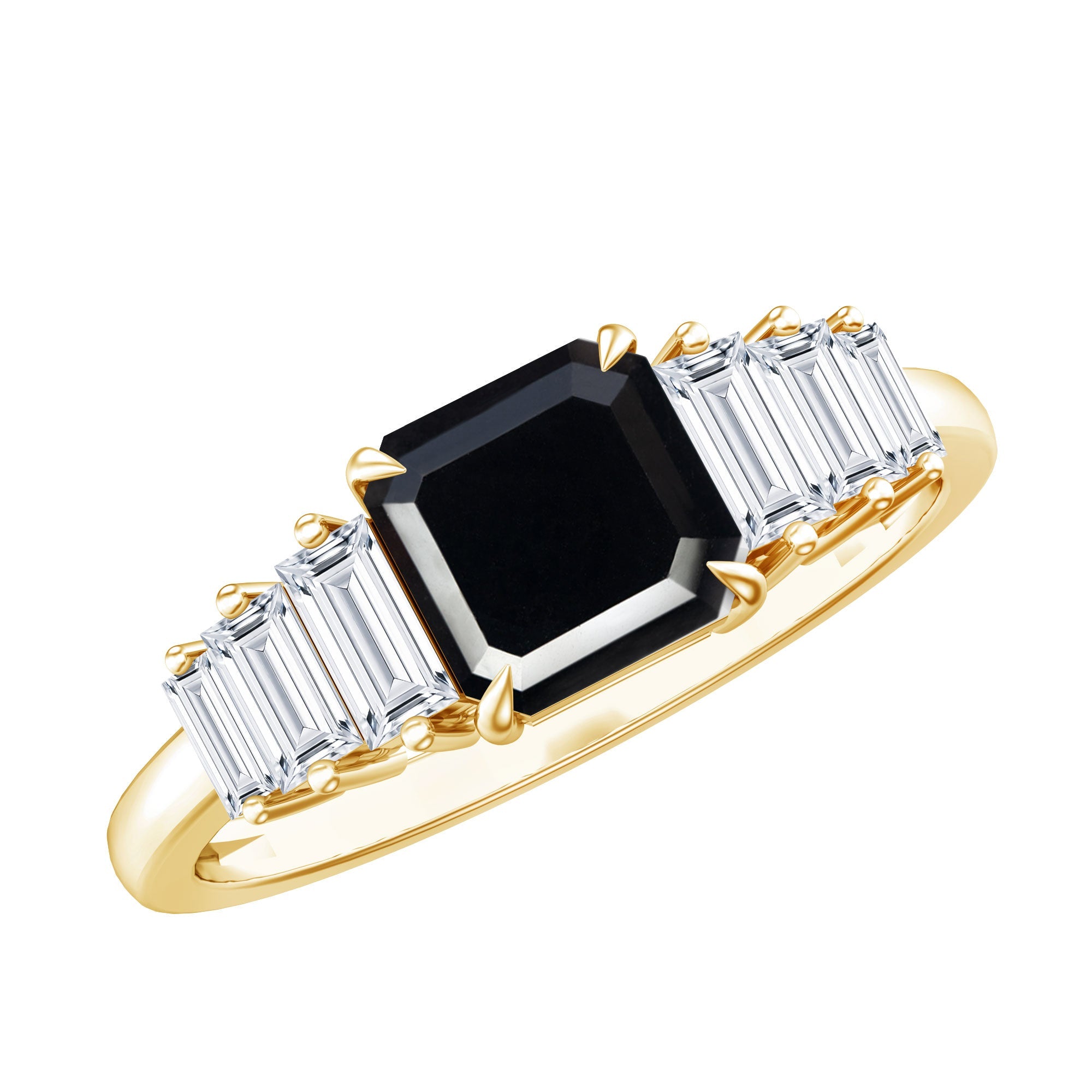 Asscher Cut Black Onyx Engagement Ring with Baguette Moissanite | Rings | Wiccan Center