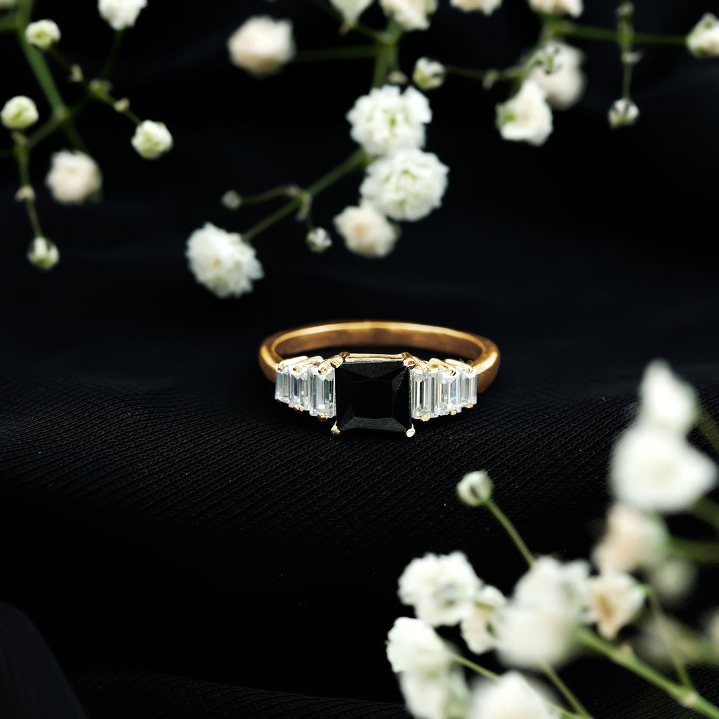 Asscher Cut Black Onyx Engagement Ring with Baguette Moissanite