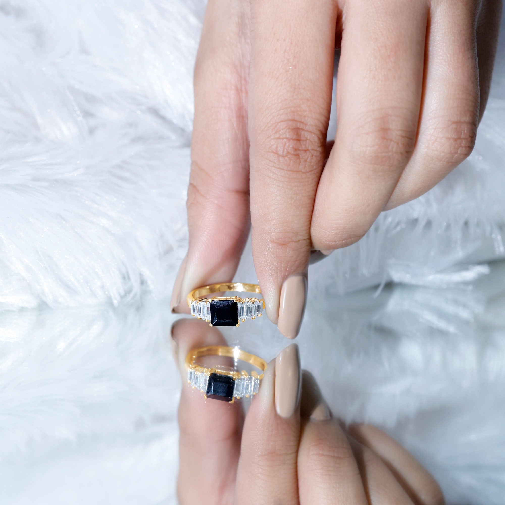 Asscher Cut Black Onyx Engagement Ring with Baguette Moissanite