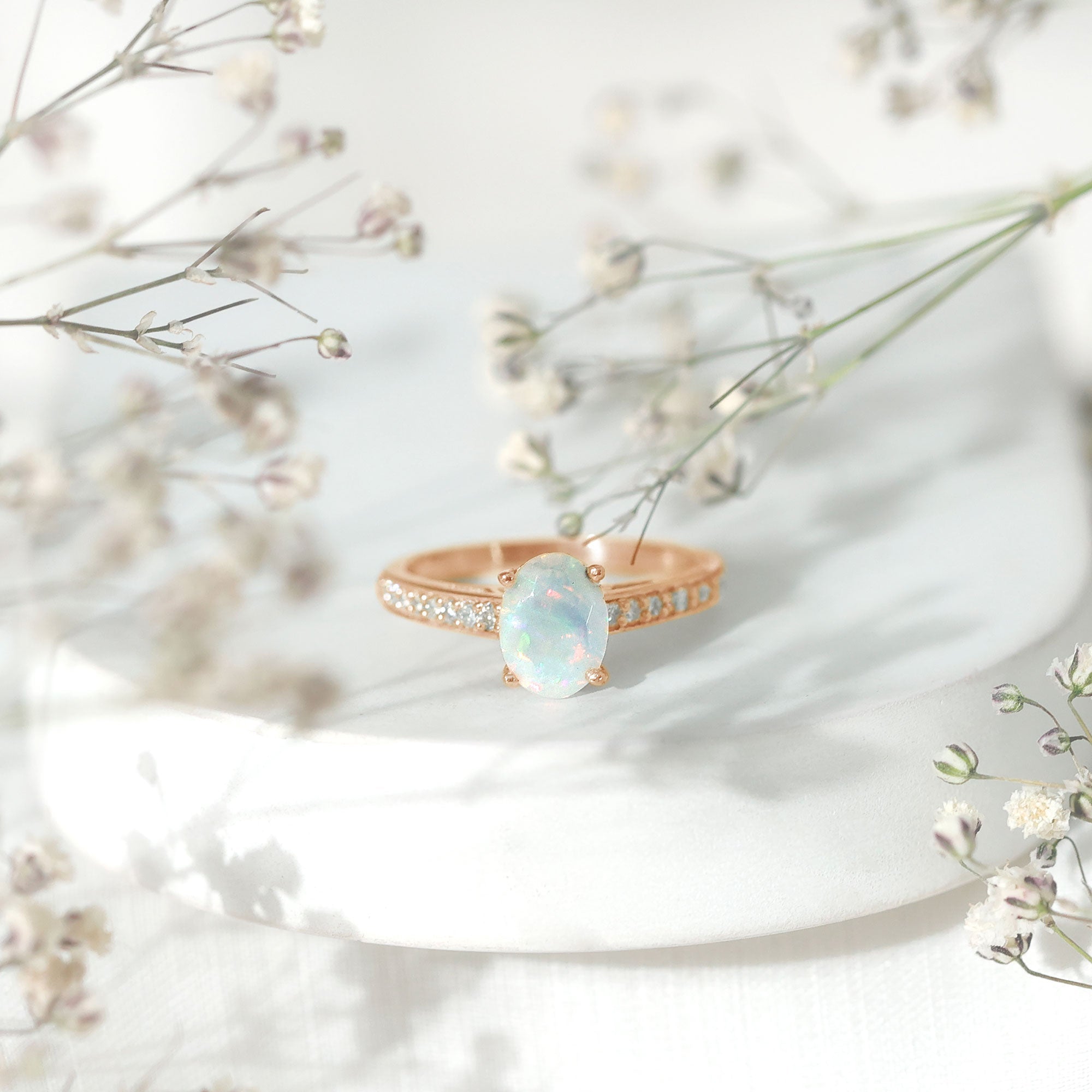 Natural 1.2 Carat Ethiopian Opal Oval Engagement Ring with Diamond Side Stones