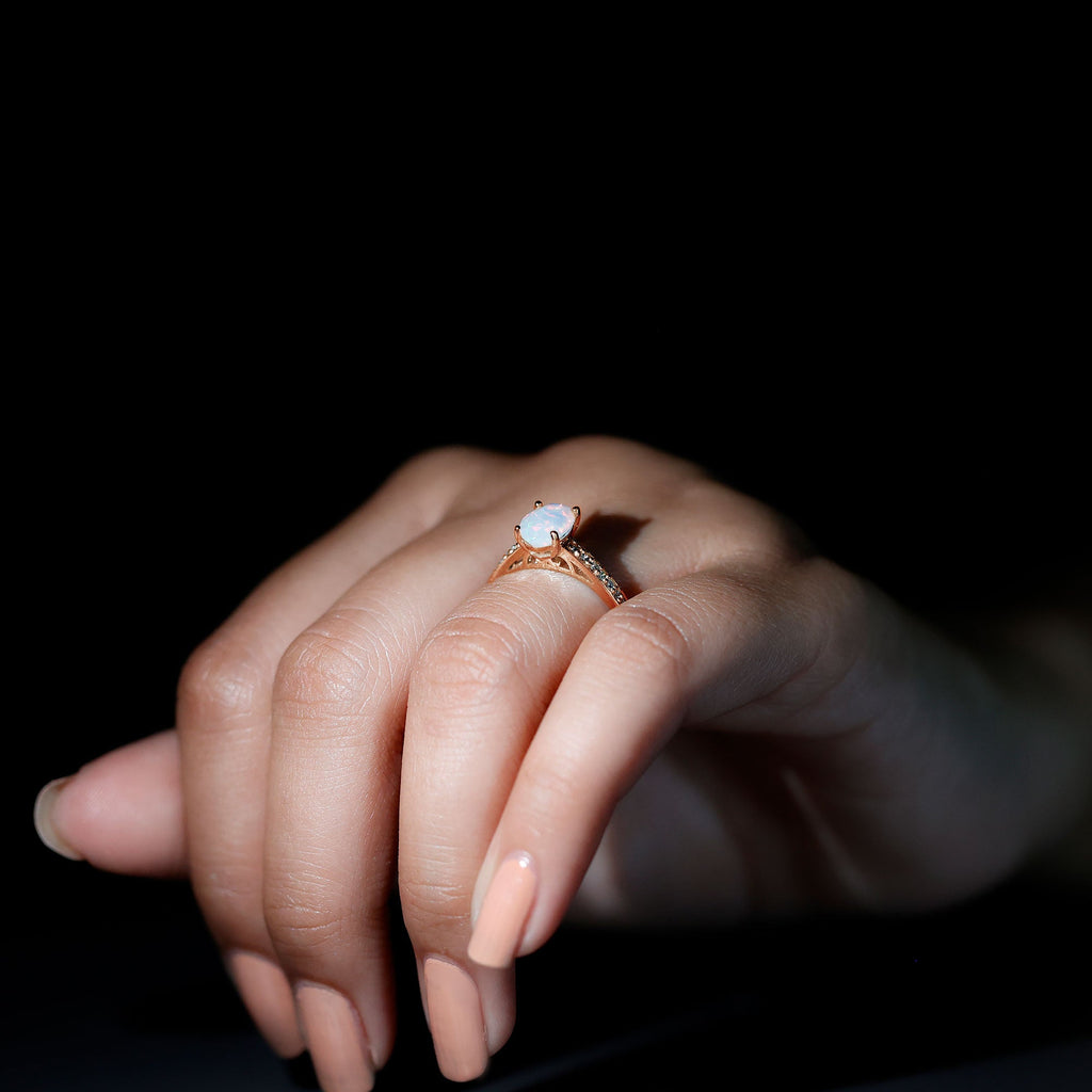 Natural 1.2 Carat Ethiopian Opal Oval Engagement Ring with Diamond Side Stones
