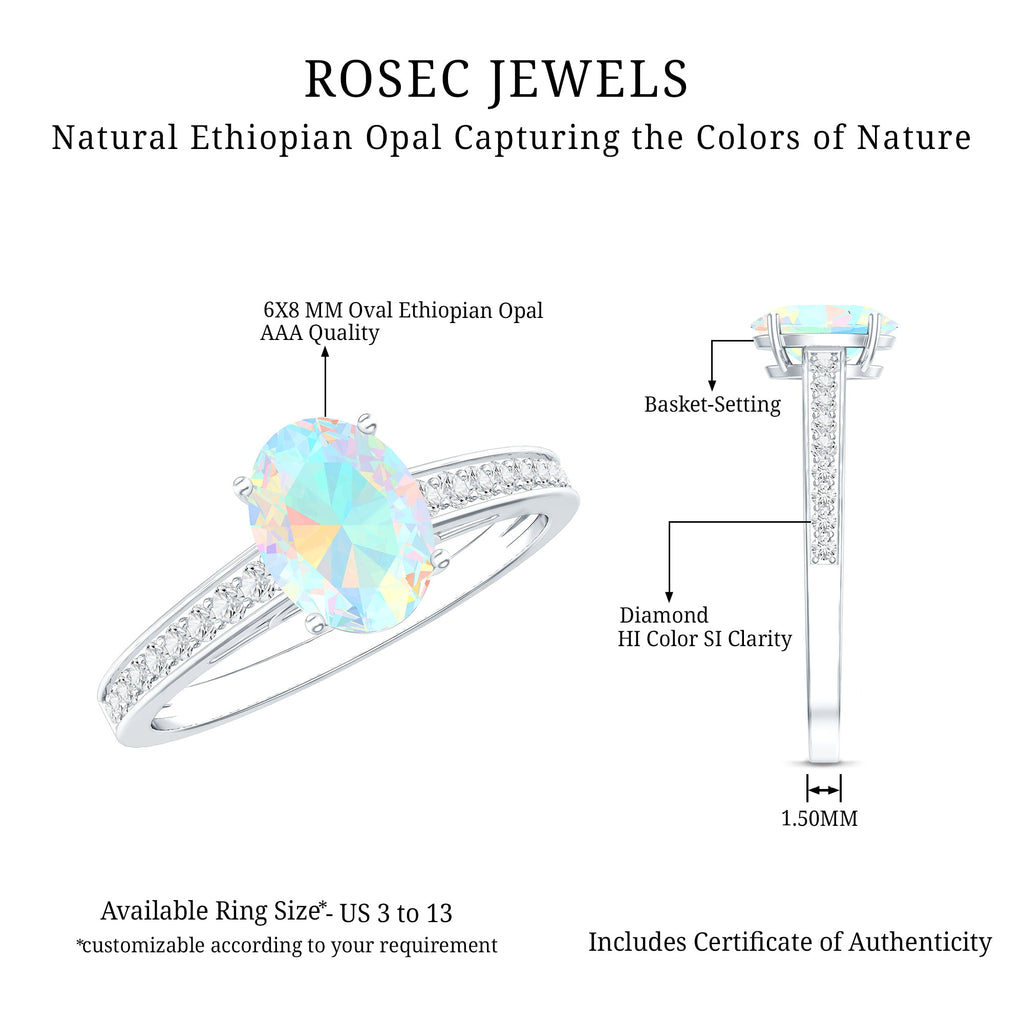 Natural 1.2 Carat Ethiopian Opal Oval Engagement Ring with Diamond Side Stones