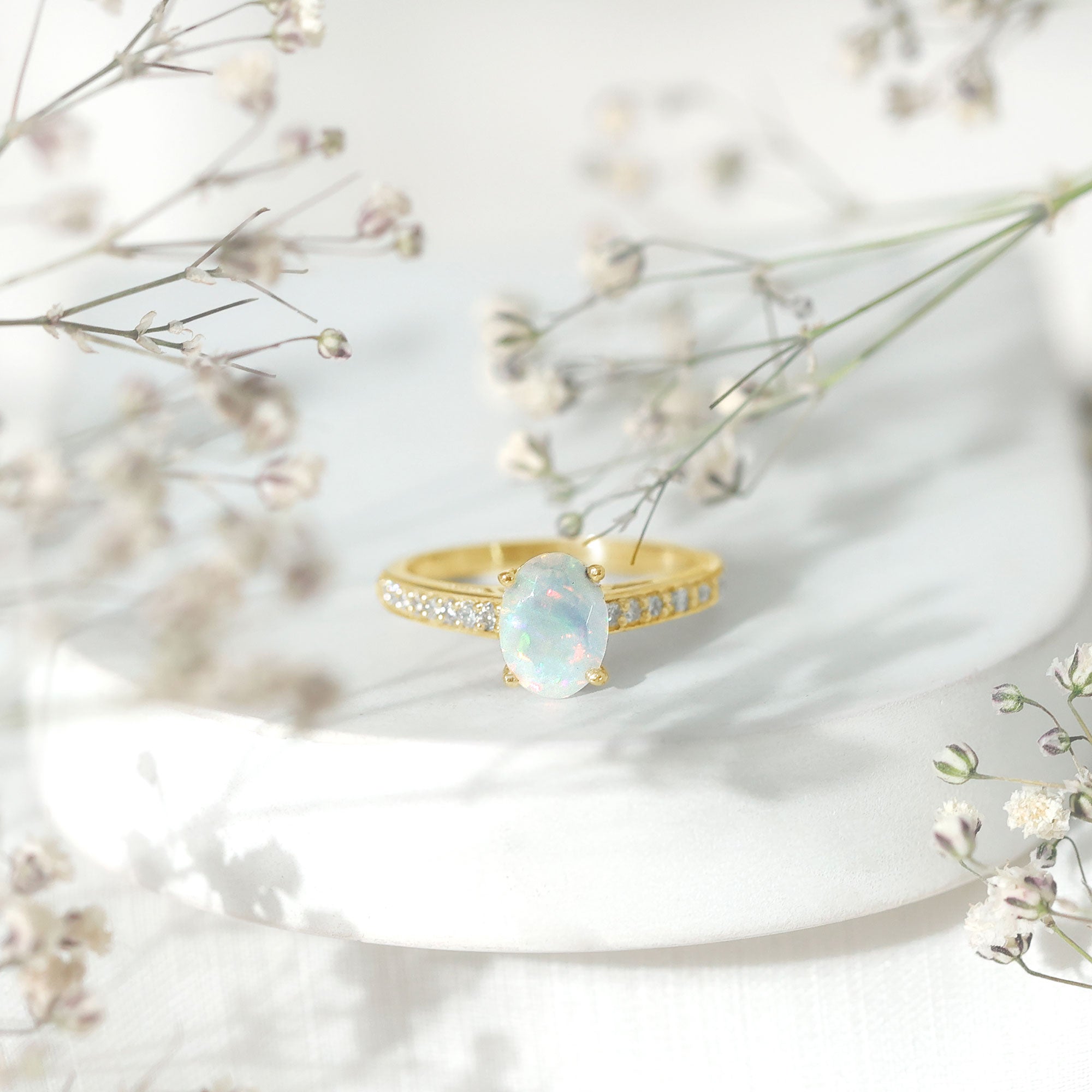 Natural 1.2 Carat Ethiopian Opal Oval Engagement Ring with Diamond Side Stones
