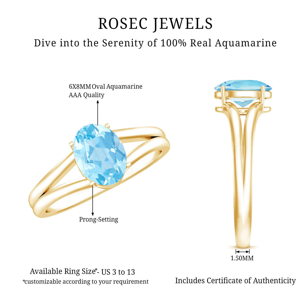 Genuine Oval Aquamarine Solitaire Engagement Ring in Split Shank