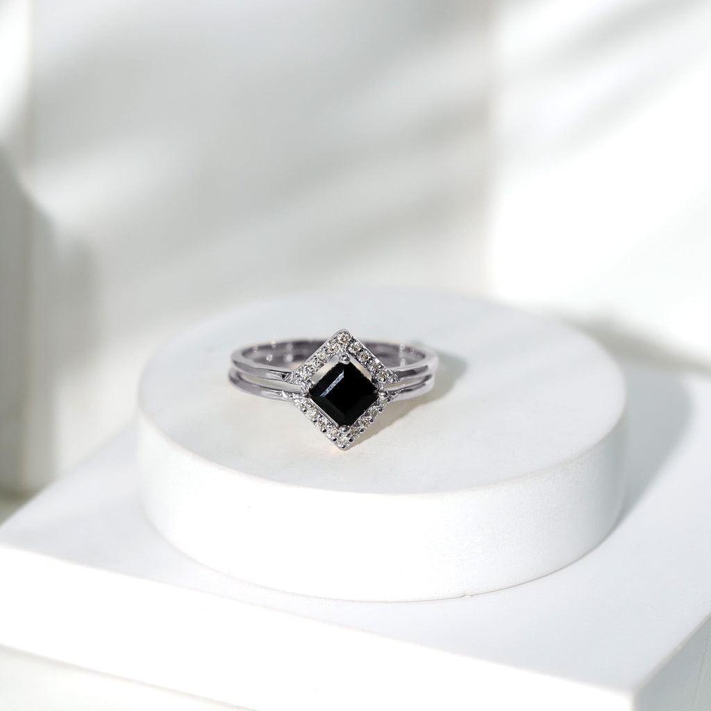 Real Black Onyx and Diamond Princess Cut Engagement Ring With Ring Guard