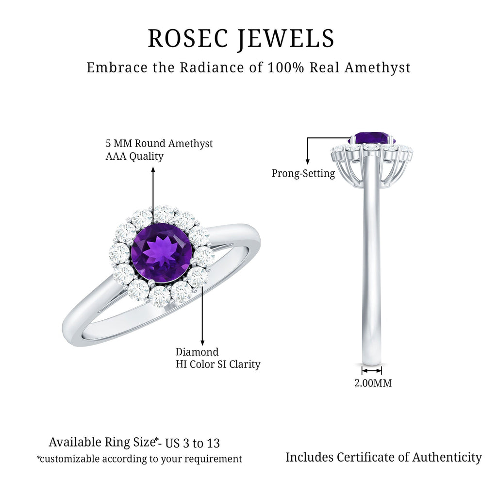 Natural Amethyst Engagement Ring with Diamond Halo for Women
