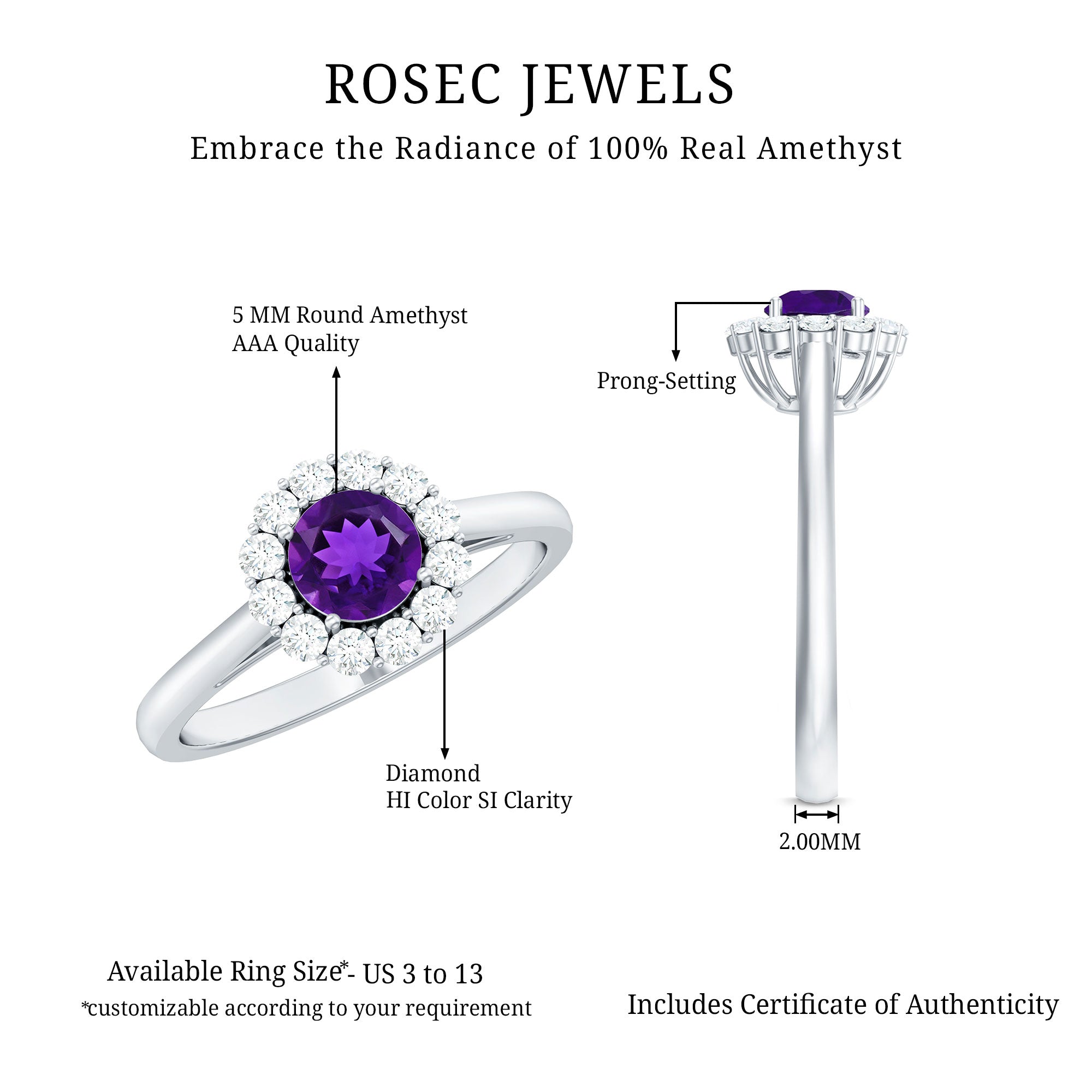 Natural Amethyst Engagement Ring with Diamond Halo for Women