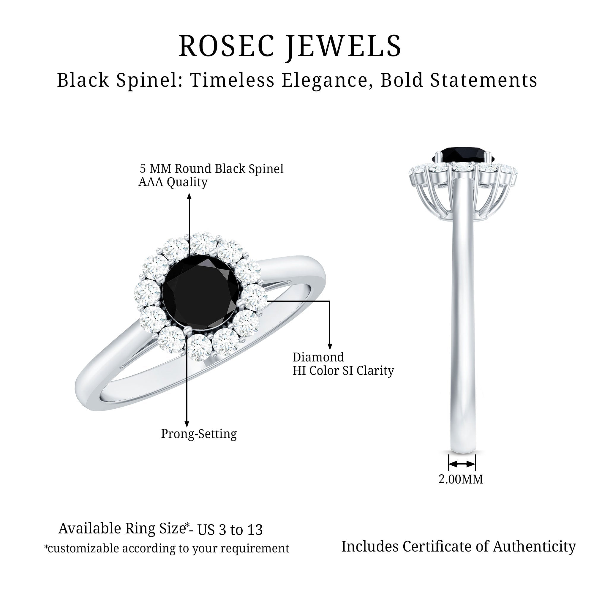 Minimalist Black Spinel Engagement Ring with Diamond Halo