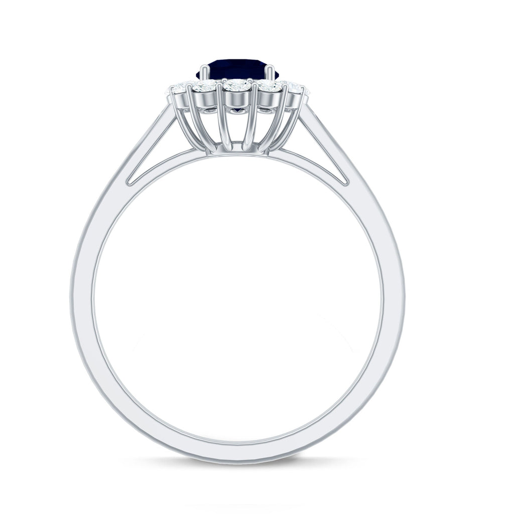 Genuine 0.9 Carat Blue Sapphire and Diamond Round Halo Engagement Ring