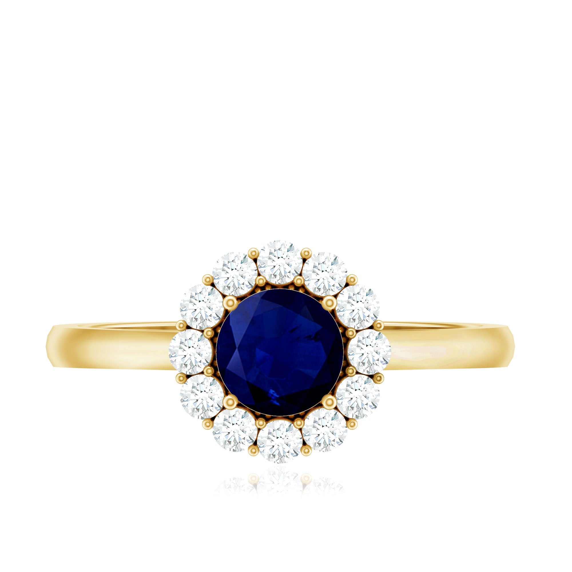 Genuine 0.9 Carat Blue Sapphire and Diamond Round Halo Engagement Ring