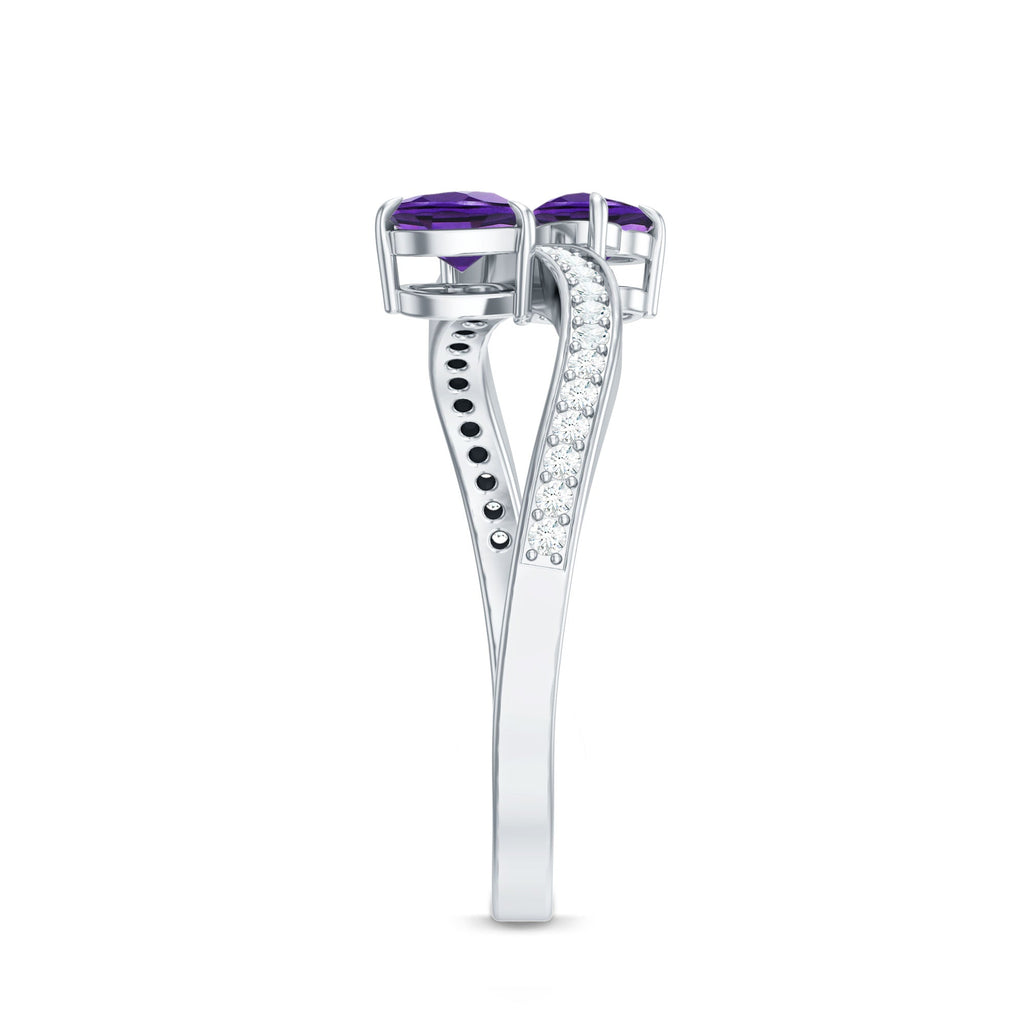 Natural Heart Shape Amethyst Toi Et Moi Engagement Ring with Diamond