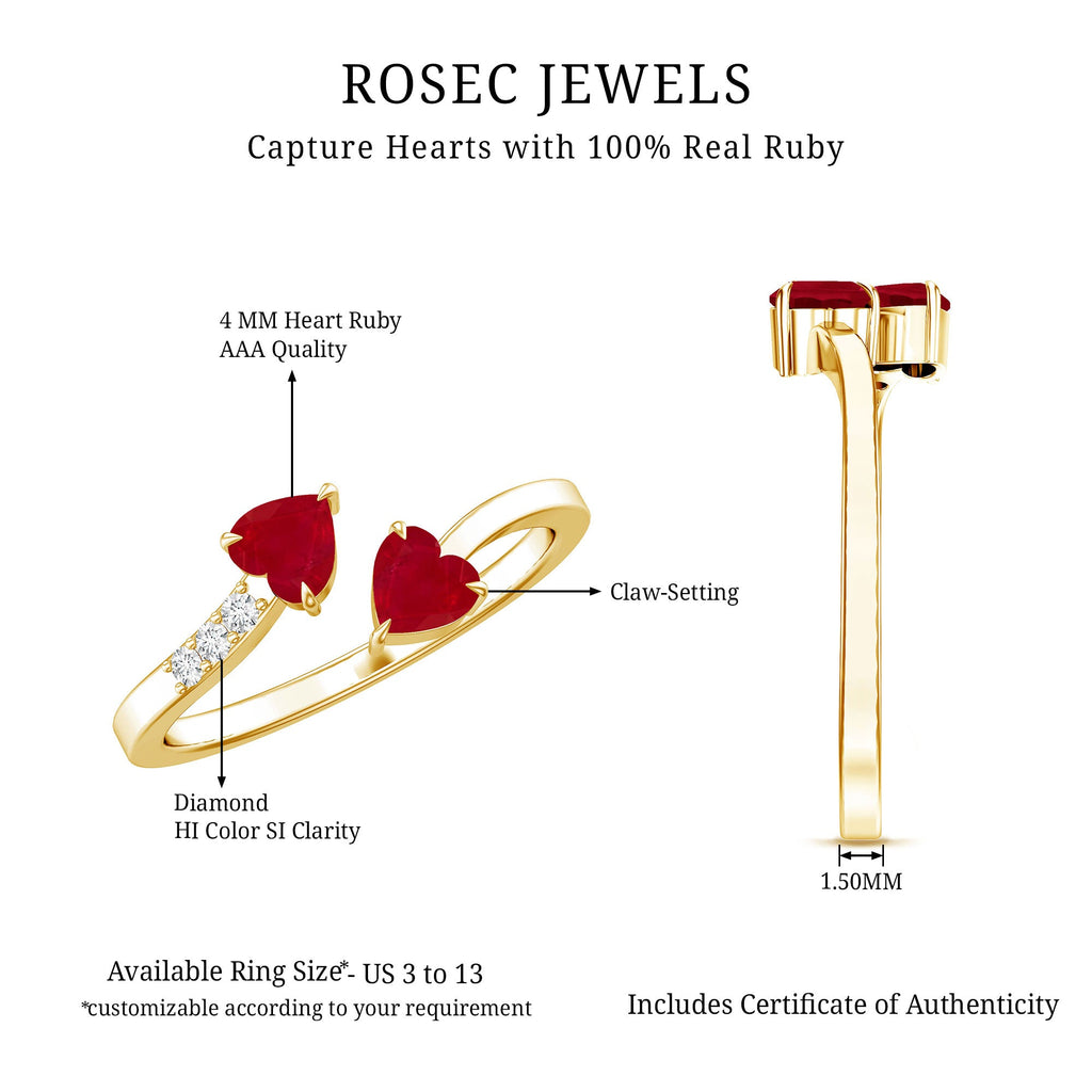 Real Heart Shape Ruby Toi Et Moi Promise Ring with Diamond