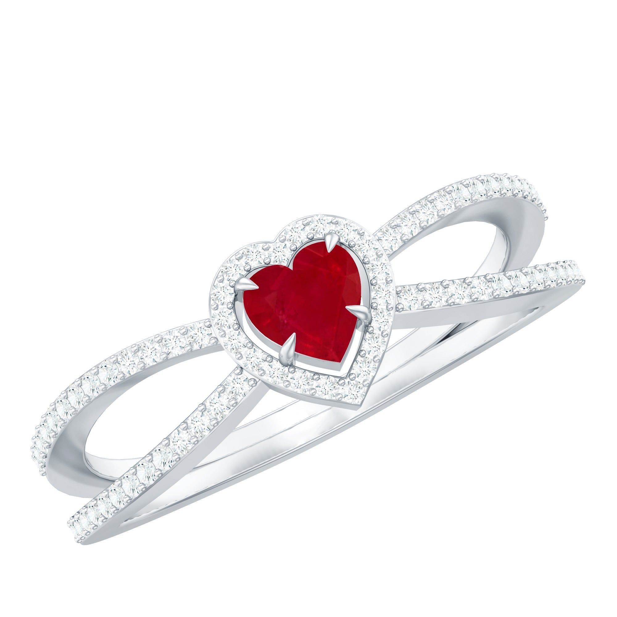 Natural Ruby Heart Engagement Ring with Diamond Split Shank
