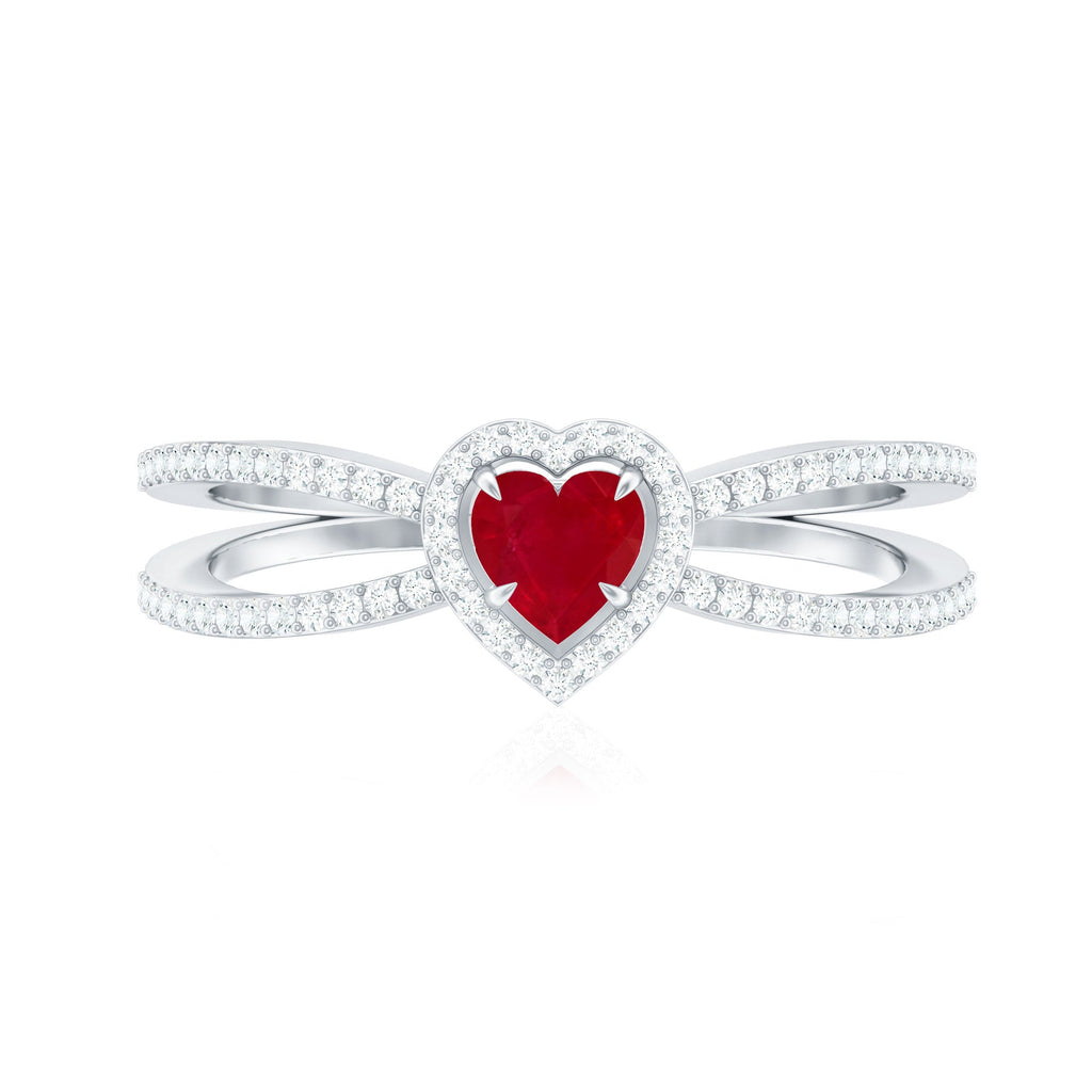 Natural Ruby Heart Engagement Ring with Diamond Split Shank