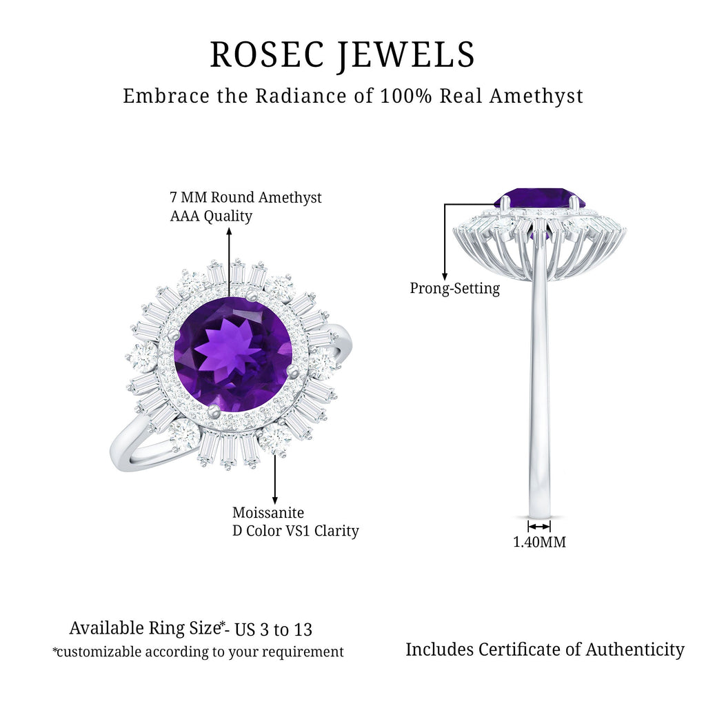 Natural 1.2 Carat Amethyst Statement Engagement Ring with Moissanite Double Halo