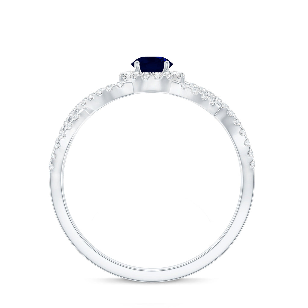 Criss Cross Shank Blue Sapphire and Diamond Halo Engagement Ring