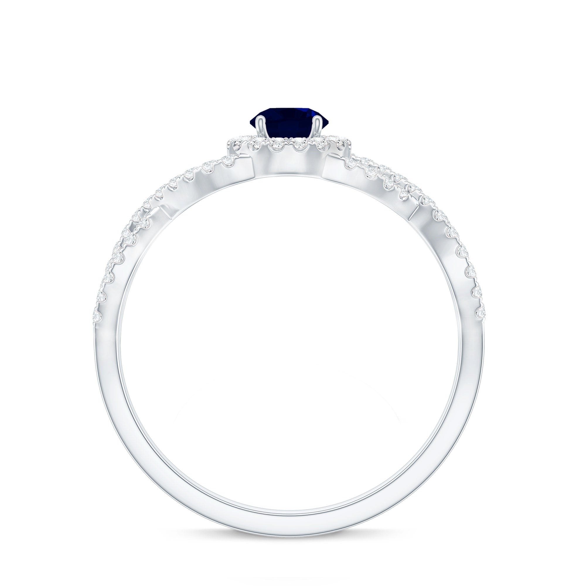 Criss Cross Shank Blue Sapphire and Diamond Halo Engagement Ring