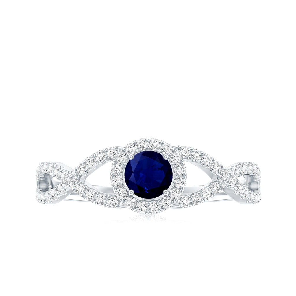 Criss Cross Shank Blue Sapphire and Diamond Halo Engagement Ring