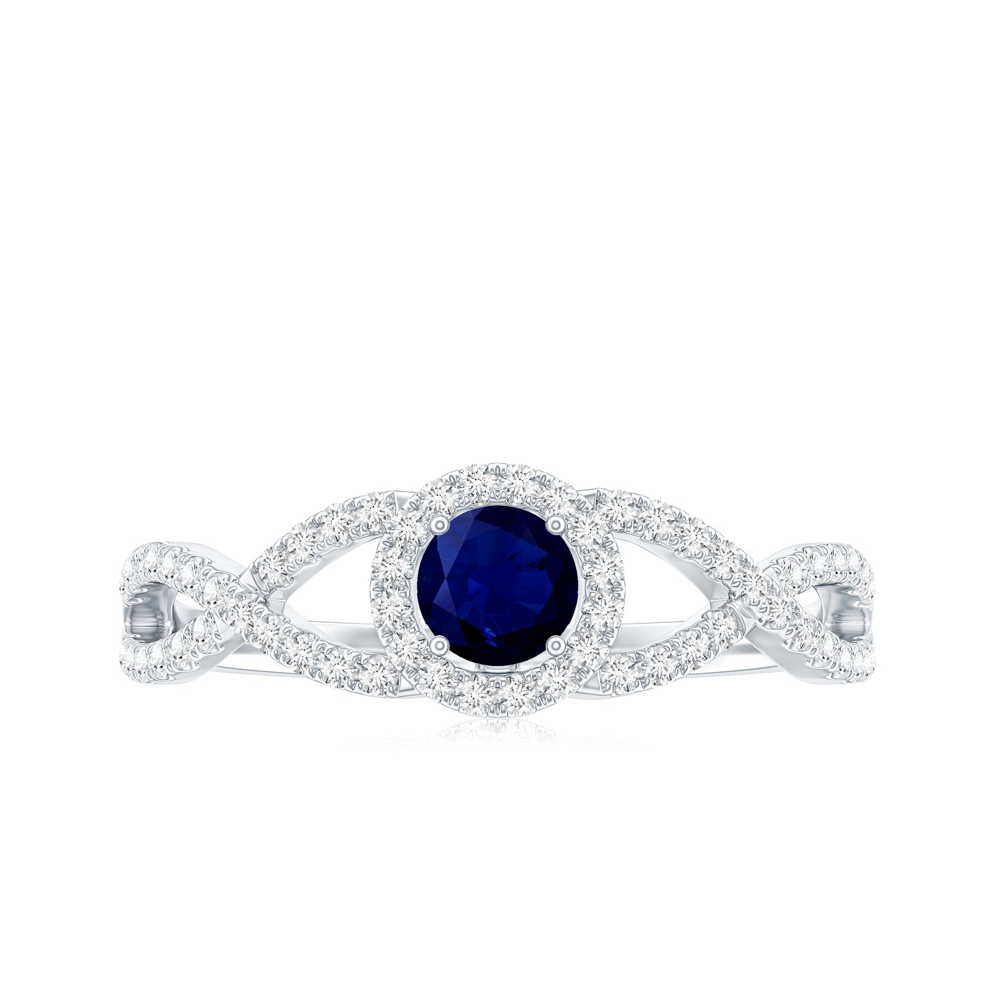 Criss Cross Shank Blue Sapphire and Diamond Halo Engagement Ring