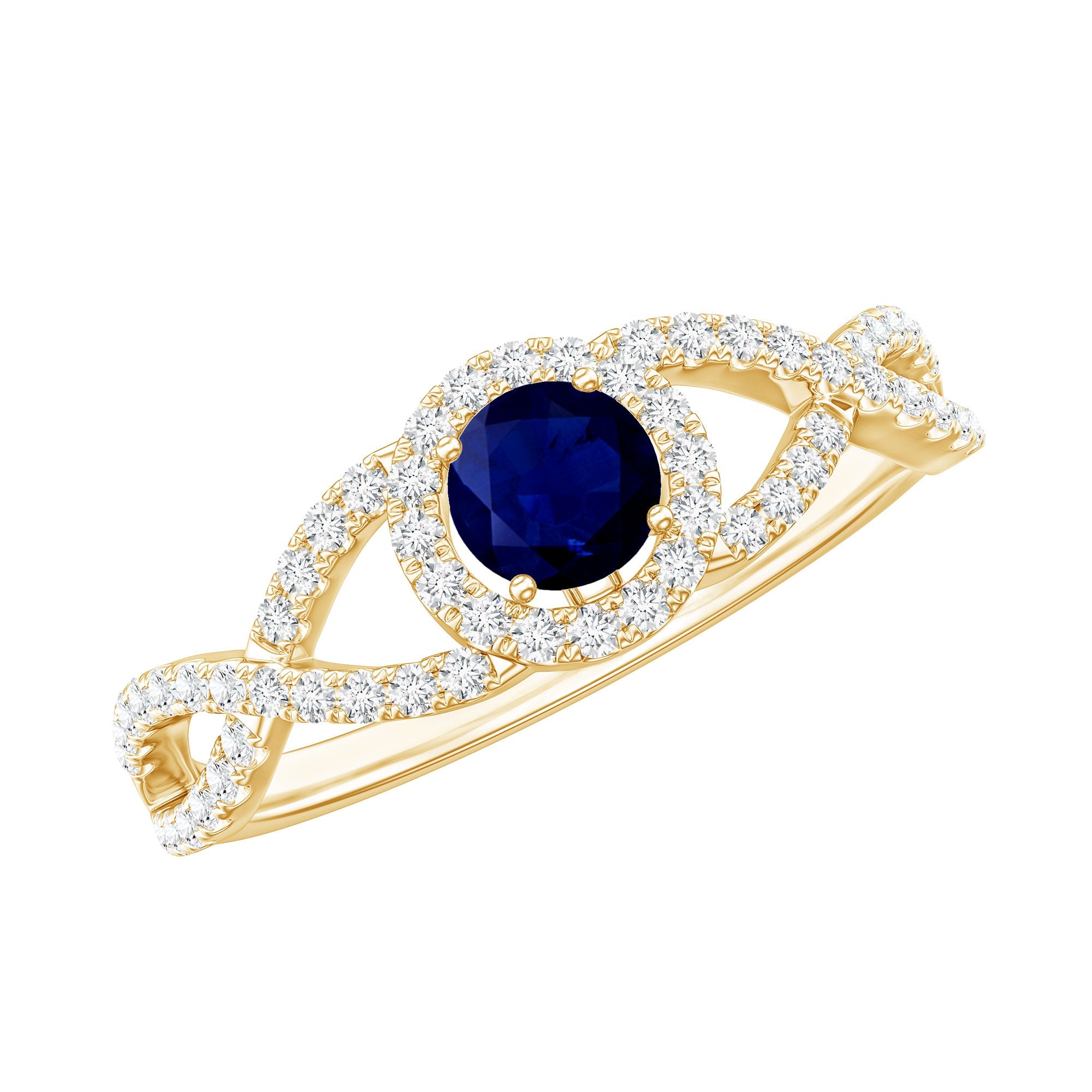 Criss Cross Shank Blue Sapphire and Diamond Halo Engagement Ring | Rings | Wiccan Center